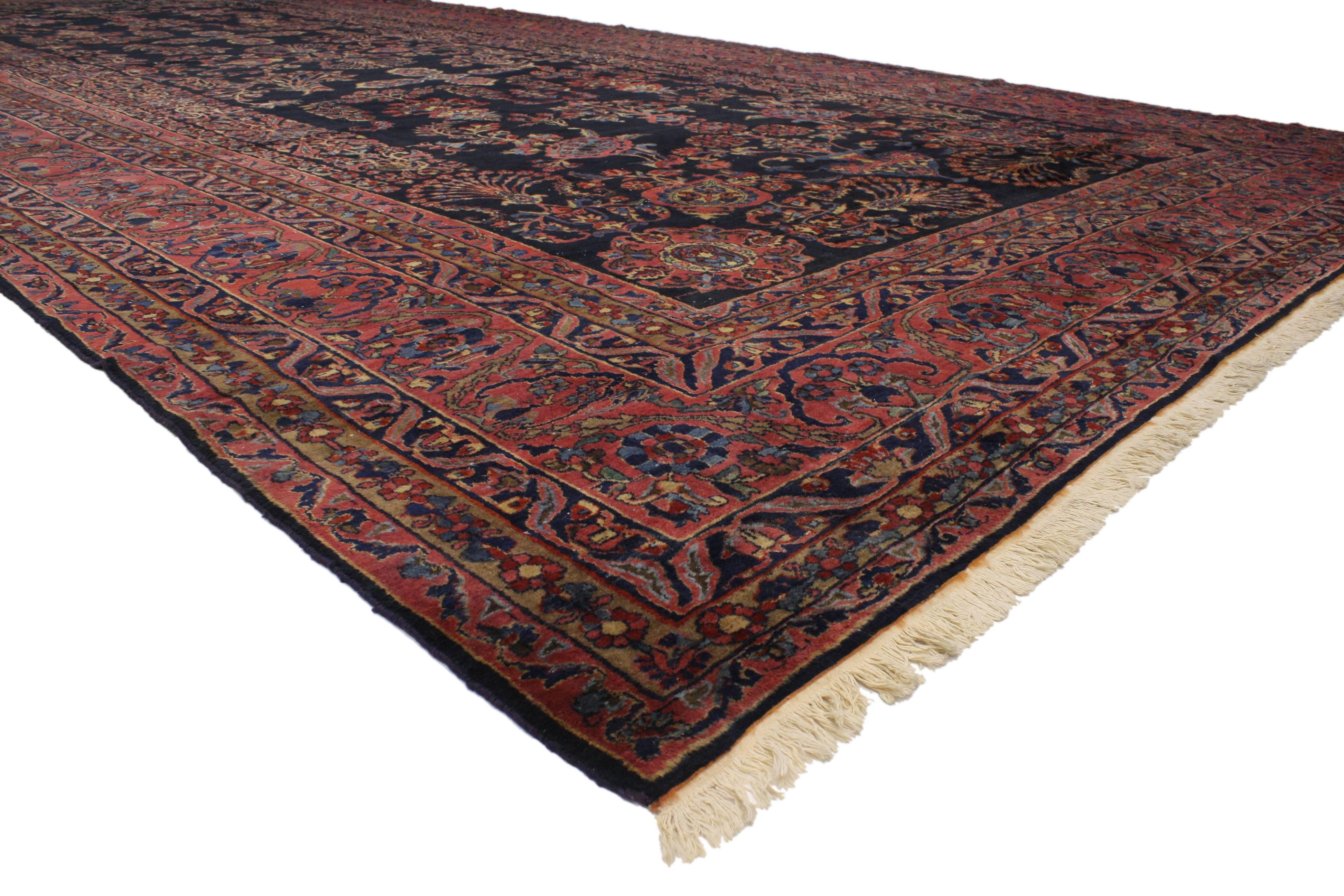 76984 Antique Persian Sarouk Rug with Victorian Renaissance Style 12'00 x 25'00. Rich in color with beguiling beauty, this hand knotted wool antique Persian Sarouk palace rug beautifully embodies Victorian Renaissance style. The abrashed midnight