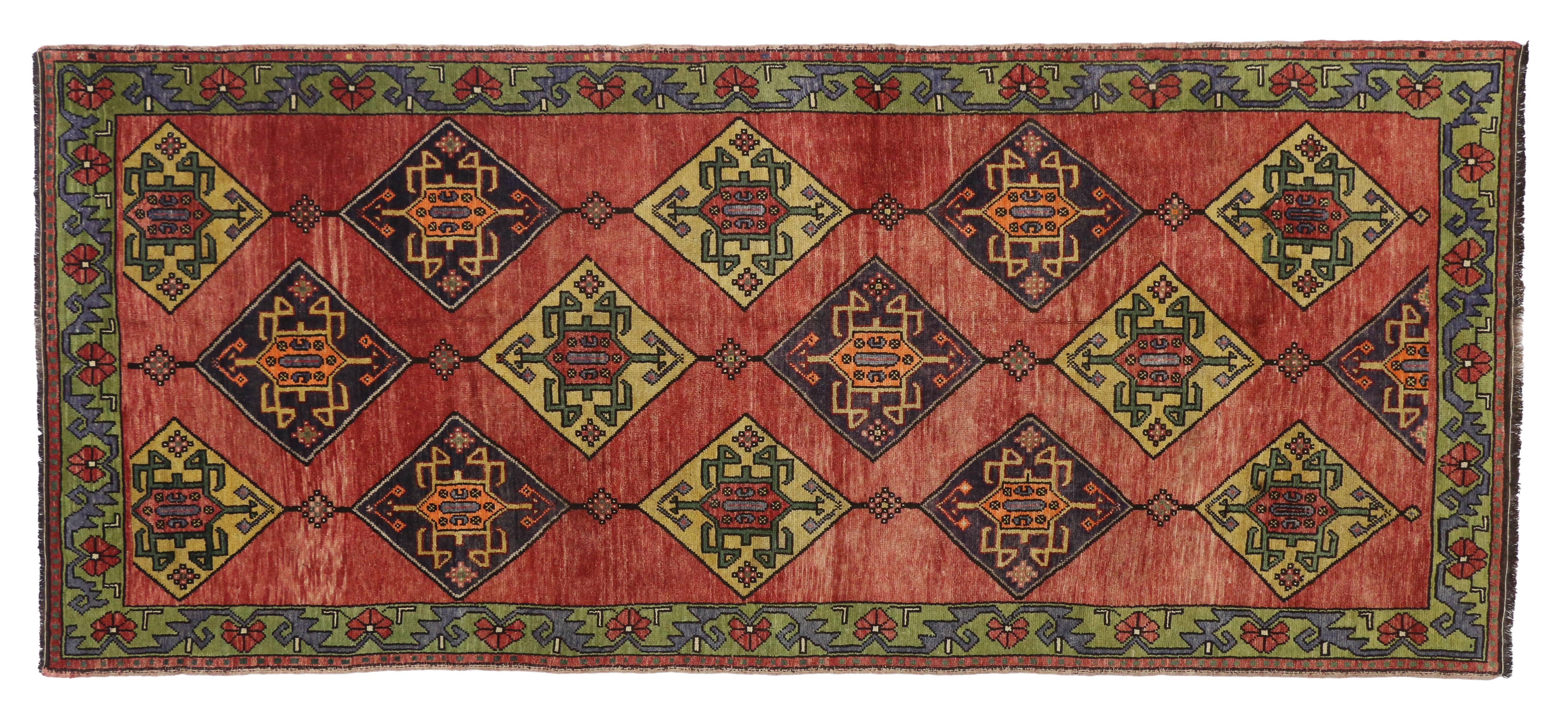 Vintage Turkish Oushak Runner with Art Deco Style, Wide Tribal Hallway Runner For Sale 5