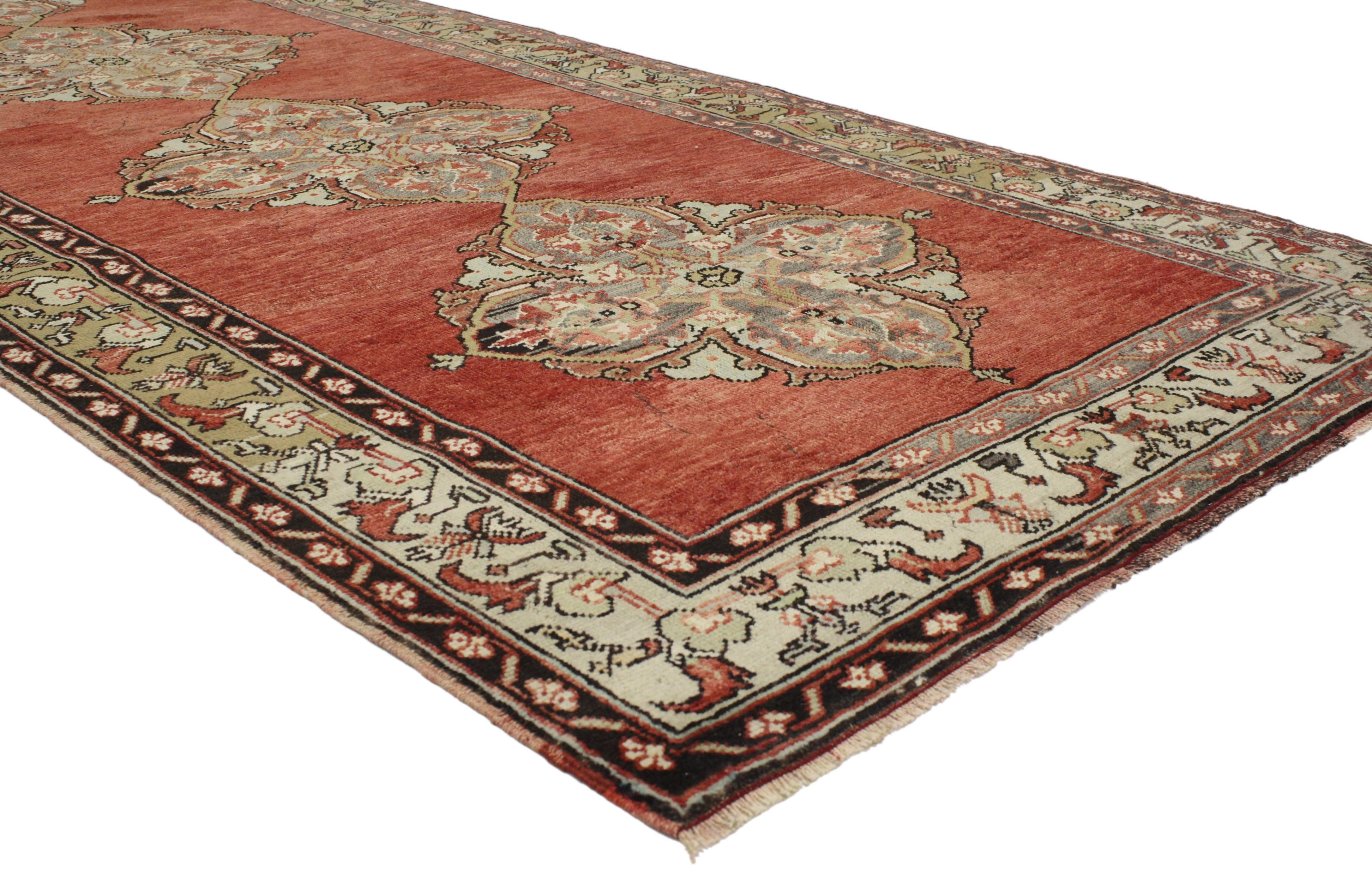 52178 Vintage Turkish Oushak Gallery Rug, Wide Hallway Runner with Traditional Style 04'06 X 10'11. Here is a beautifully composed vintage Turkish Oushak runner with traditional style displaying a Classic design. Featuring four stacked medallions in
