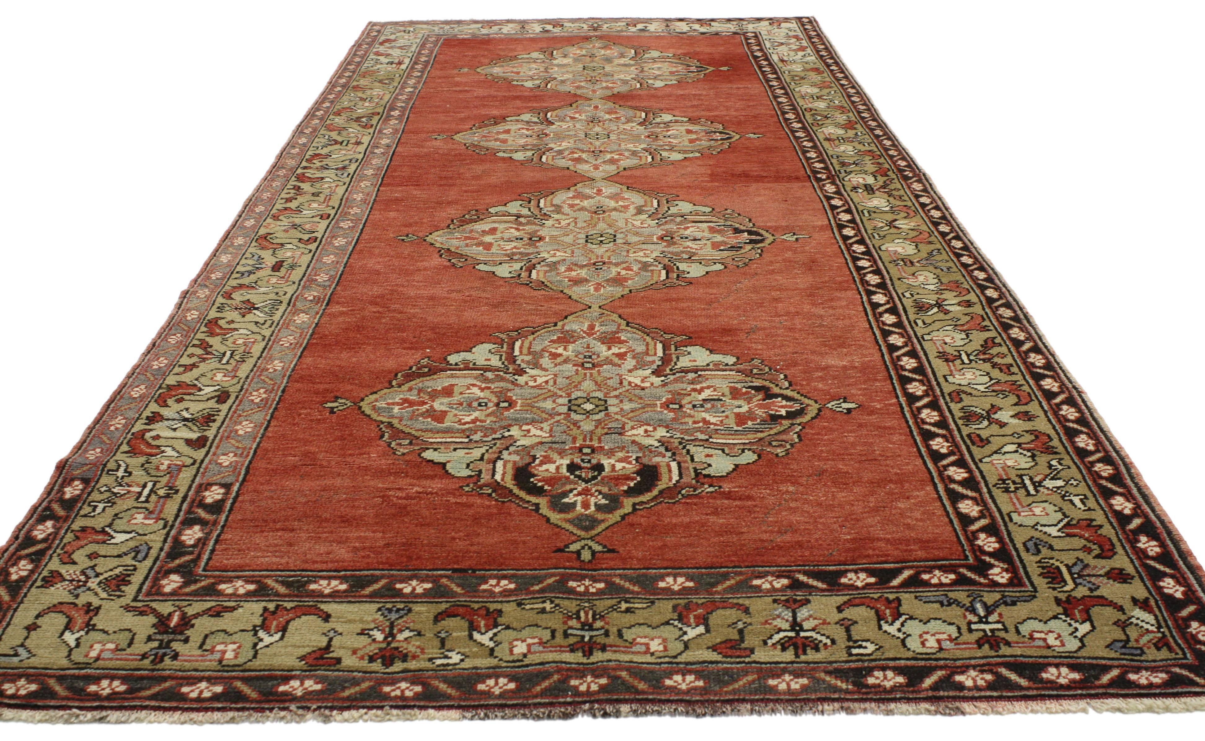 Hand-Knotted Vintage Turkish Oushak Runner with Traditional Style, Wide Hallway Runner For Sale