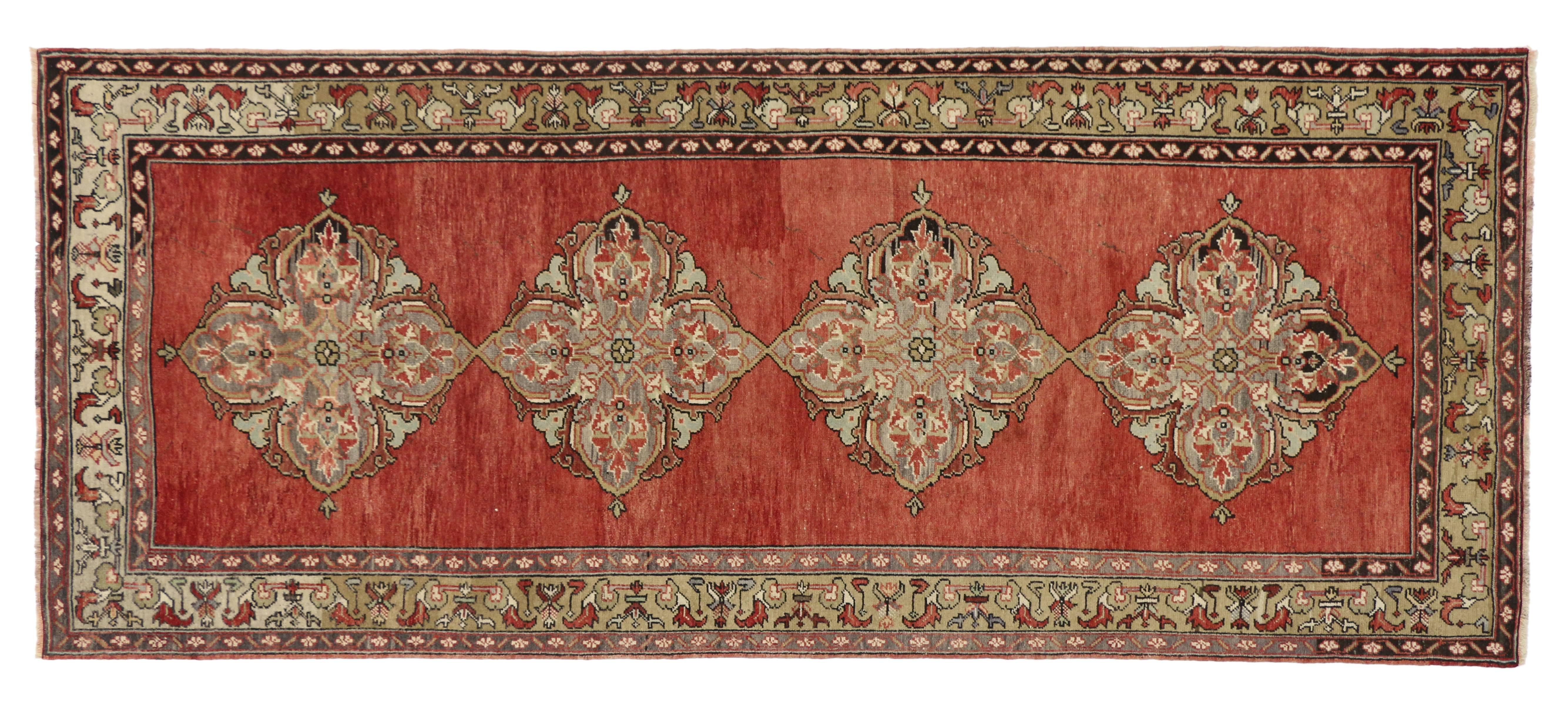 Vintage Turkish Oushak Runner with Traditional Style, Wide Hallway Runner In Good Condition For Sale In Dallas, TX