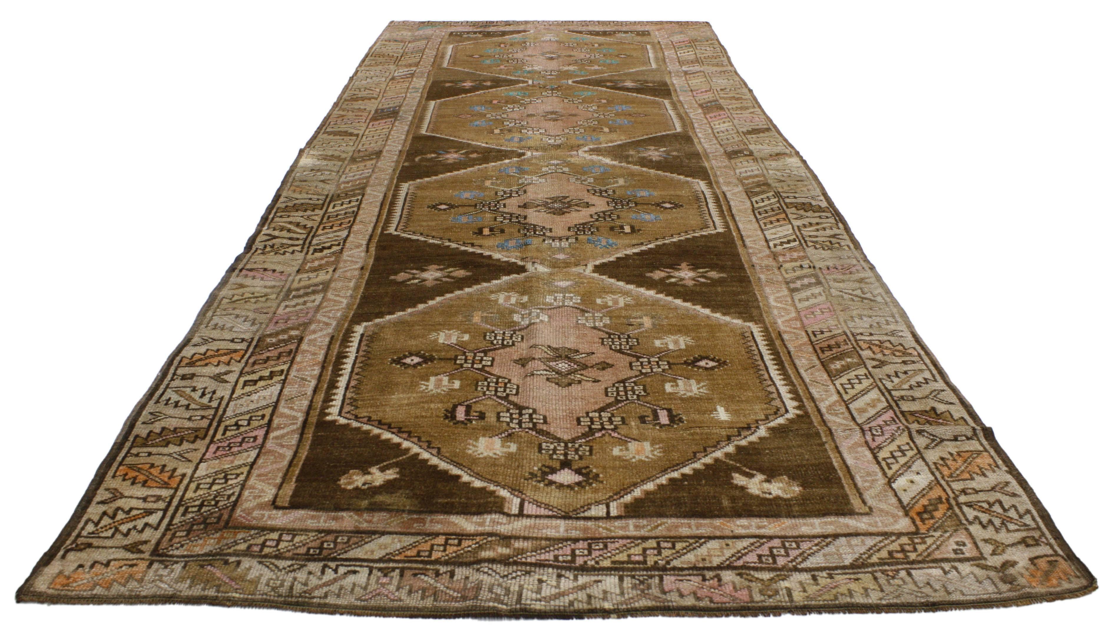 Vintage Turkish Oushak Runner with Romantic Prairie Style, Kars Gallery Rug  In Good Condition For Sale In Dallas, TX