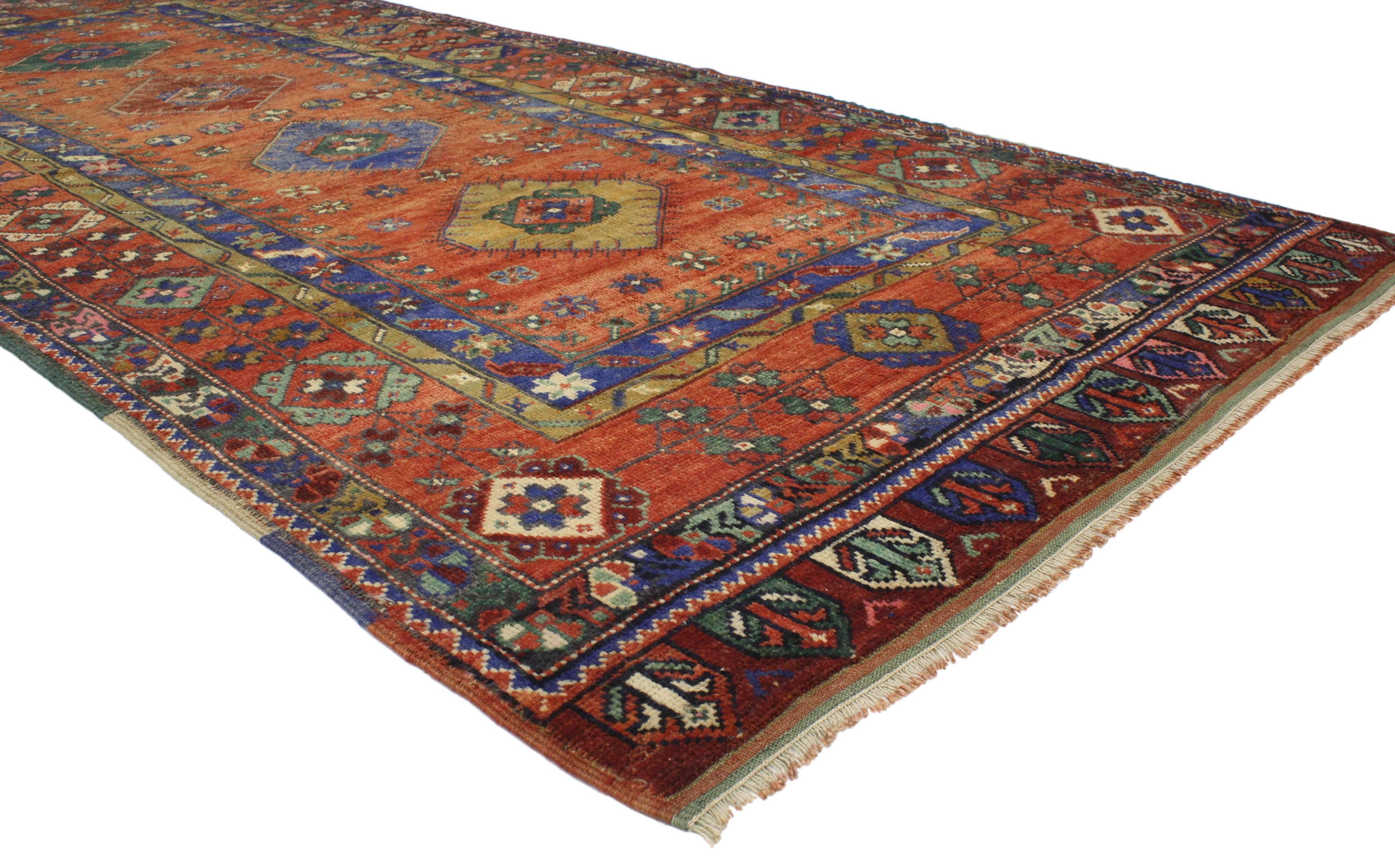 Hand-Knotted Vintage Turkish Oushak Runner with Modern Tribal For Sale