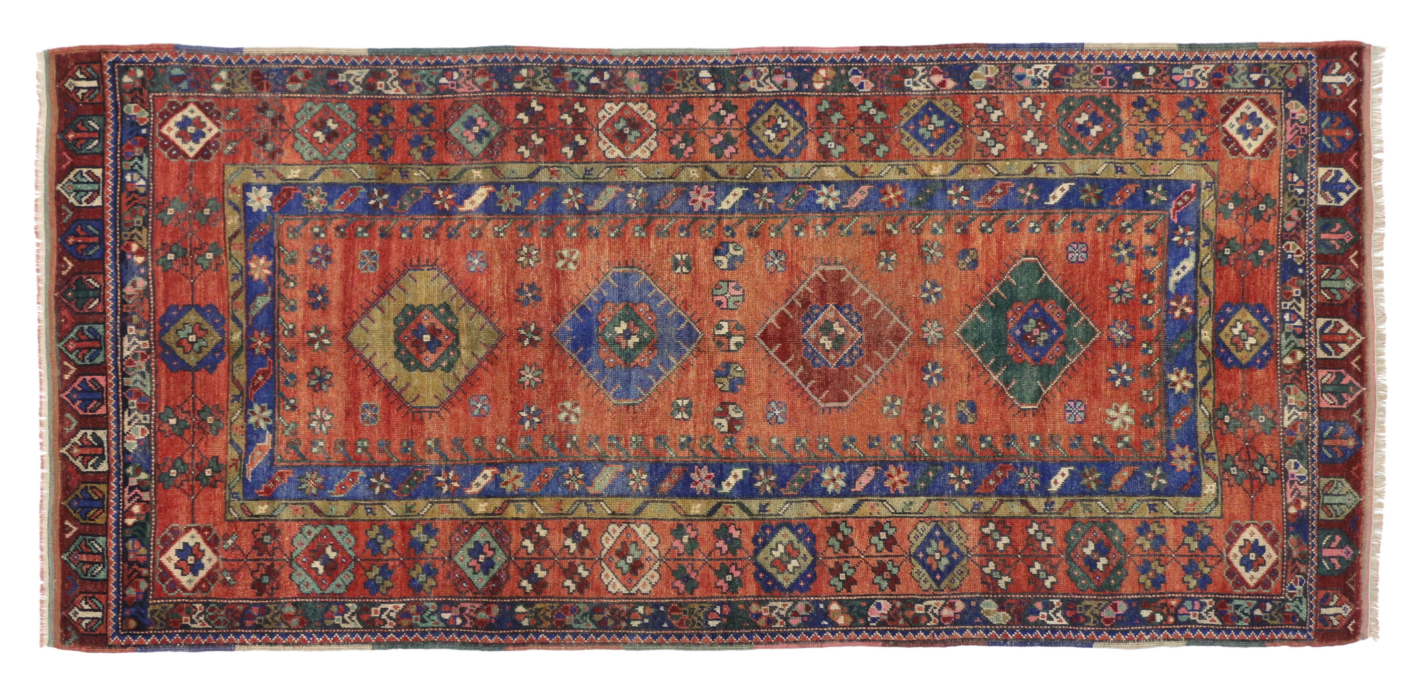Vintage Turkish Oushak Runner with Modern Tribal In Good Condition For Sale In Dallas, TX