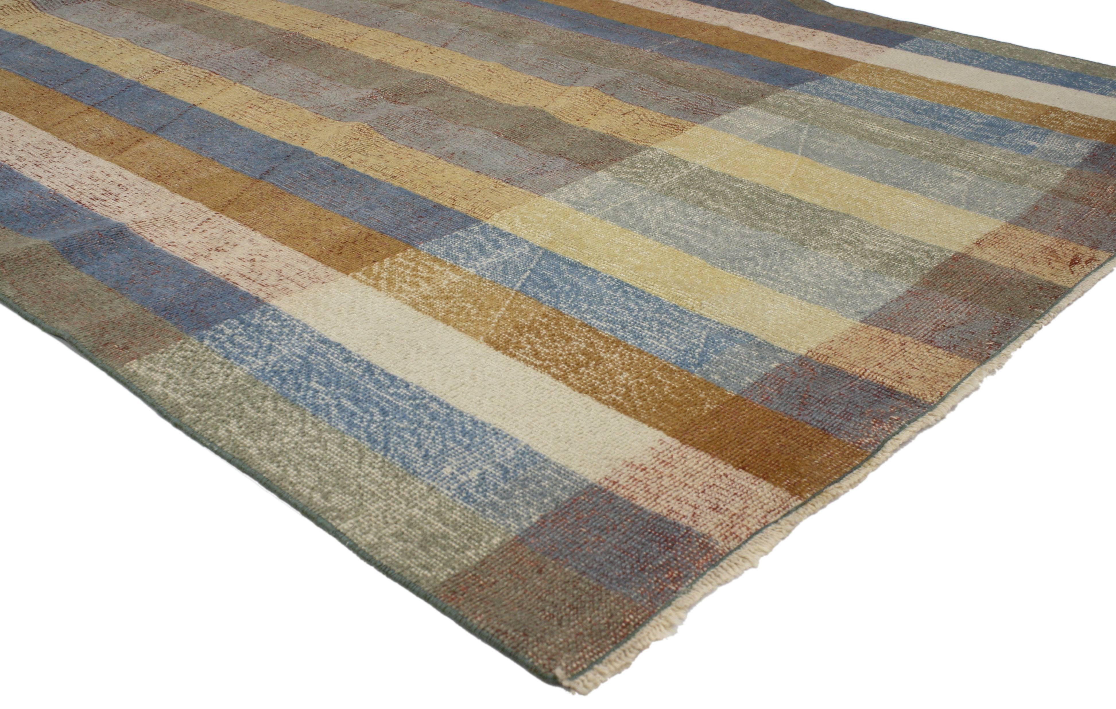Art Deco Distressed Vintage Turkish Sivas Striped Rug with Modern Rustic American Style  For Sale