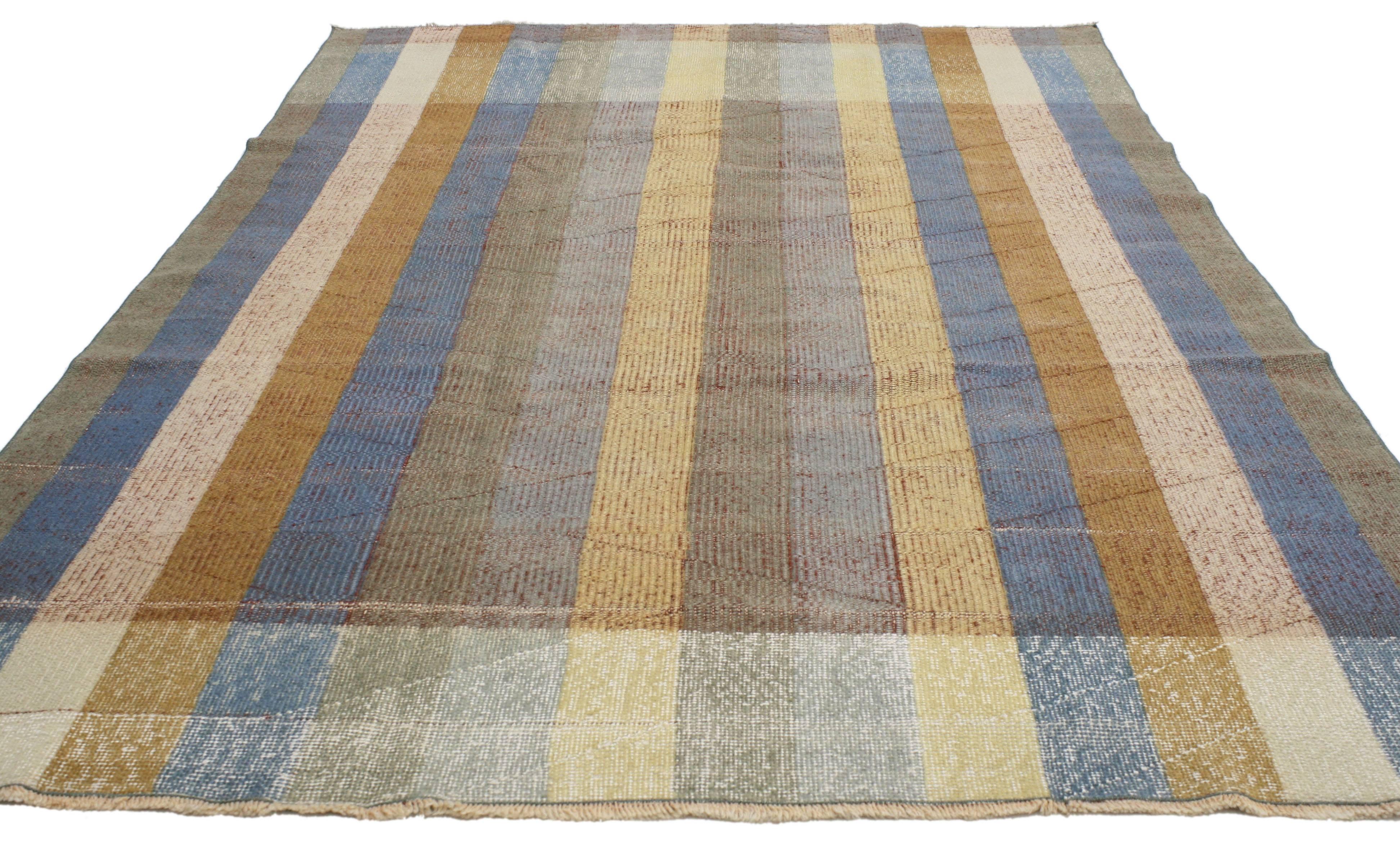 ​52186 Distressed Vintage Turkish Sivas Striped Rug with Modern Rustic American Style 05'02 x 08'01. ​​With its warm hues and rugged beauty, this hand-knotted wool distressed vintage Turkish Sivas rug with stripes manages to meld contemporary,