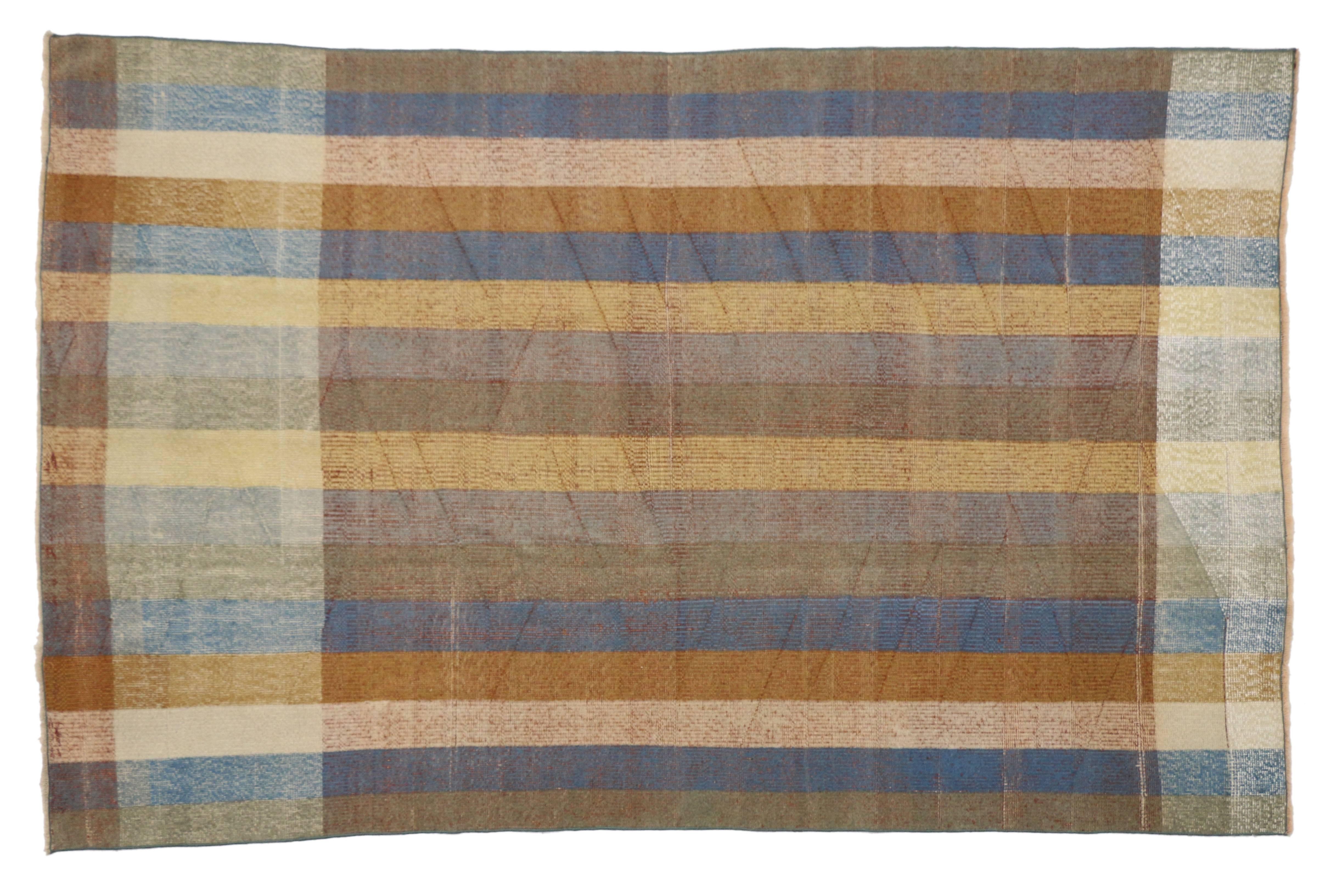 Hand-Knotted Distressed Vintage Turkish Sivas Striped Rug with Modern Rustic American Style  For Sale