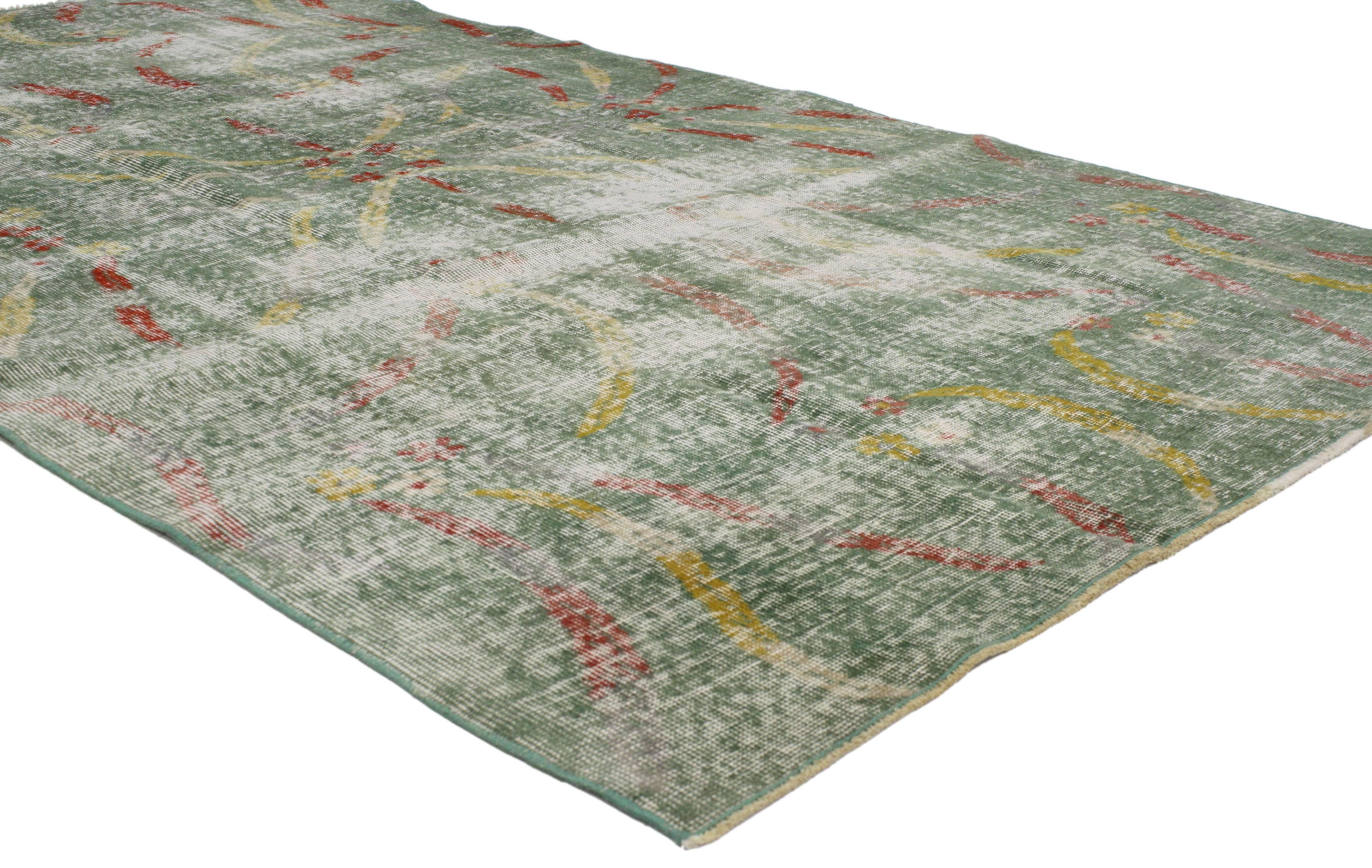 52191 Zeki Muren Distressed Vintage Turkish Sivas Rug with Art Deco Style. Highlighting some of the finest Art Deco and modern Industrial styles, this distressed vintage Turkish Sivas rug is influenced by its subtle beauty and inspired by Zeki
