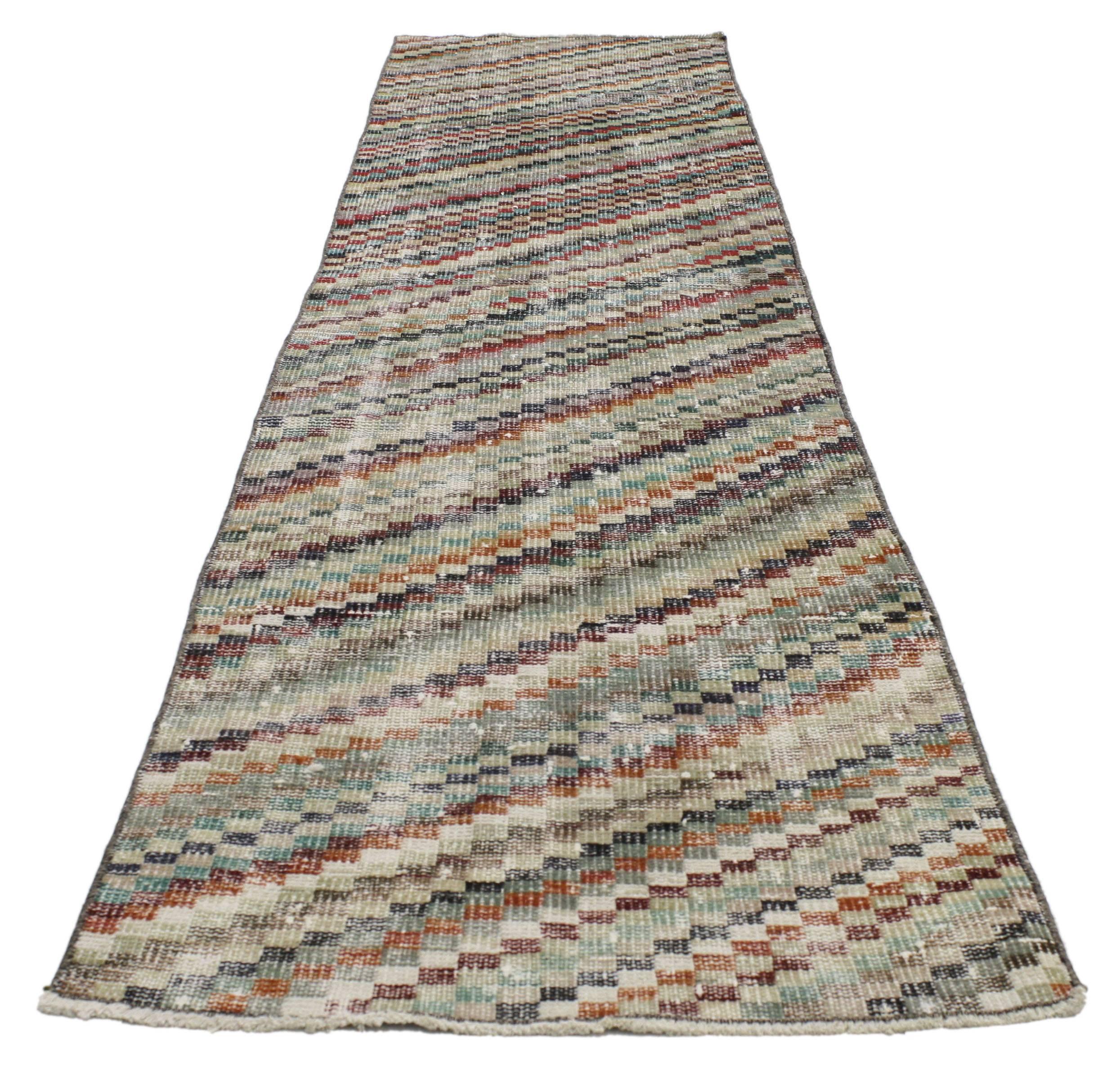Distressed Vintage Turkish Sivas Runner with Art Deco Style, Narrow Runner For Sale 5