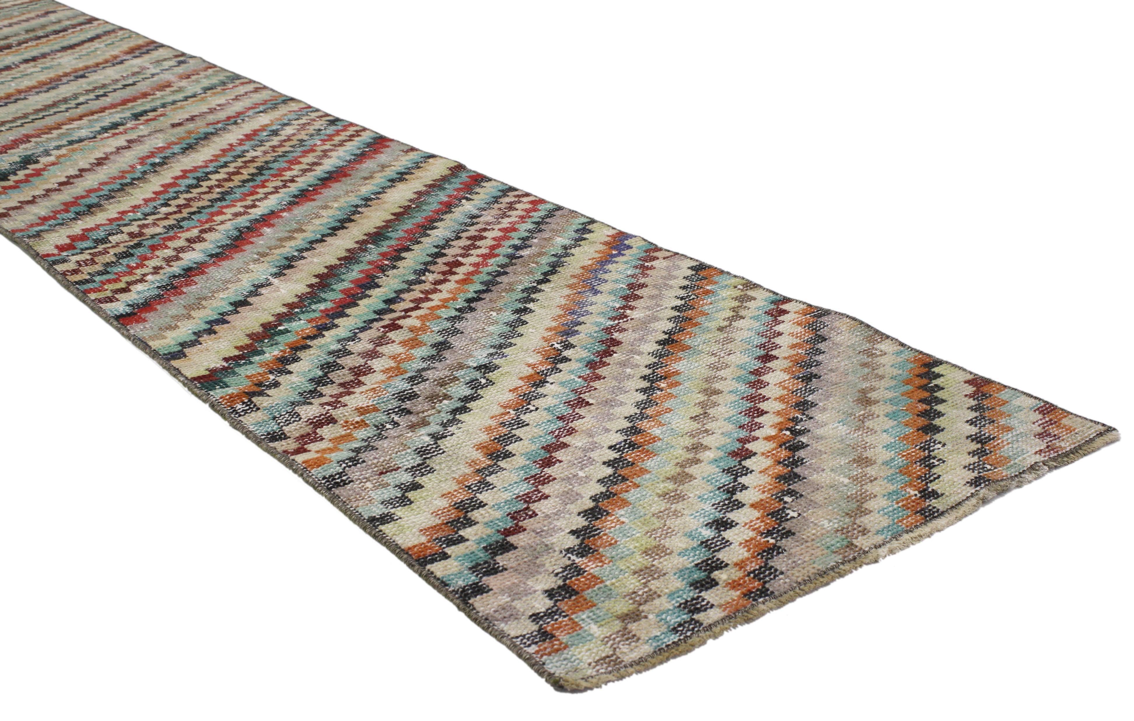 Distressed Vintage Turkish Sivas Runner with Art Deco Style, Narrow Runner For Sale 4
