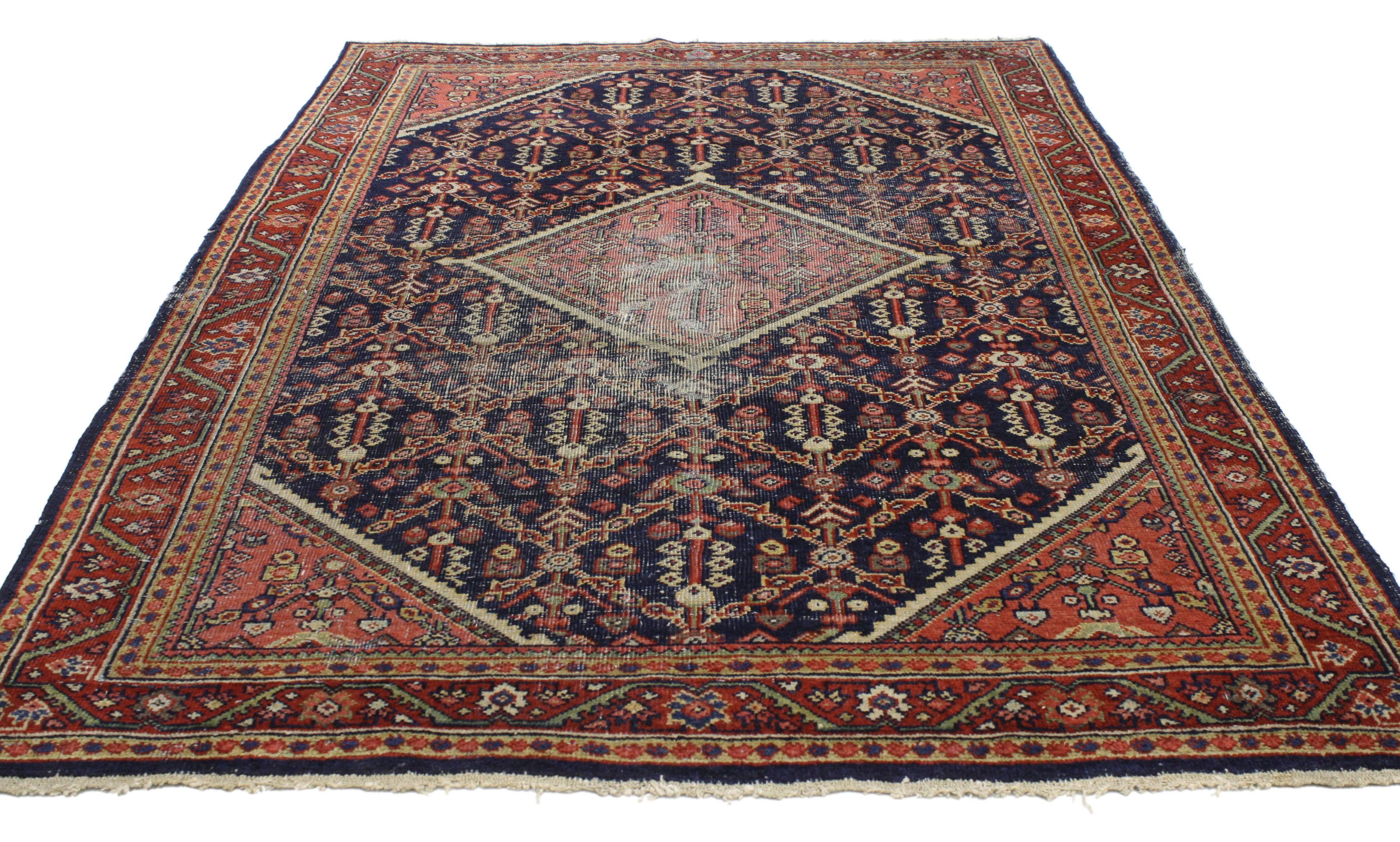 Hand-Knotted Distressed Antique Persian Mahal Rug with Rustic English Traditional Style For Sale