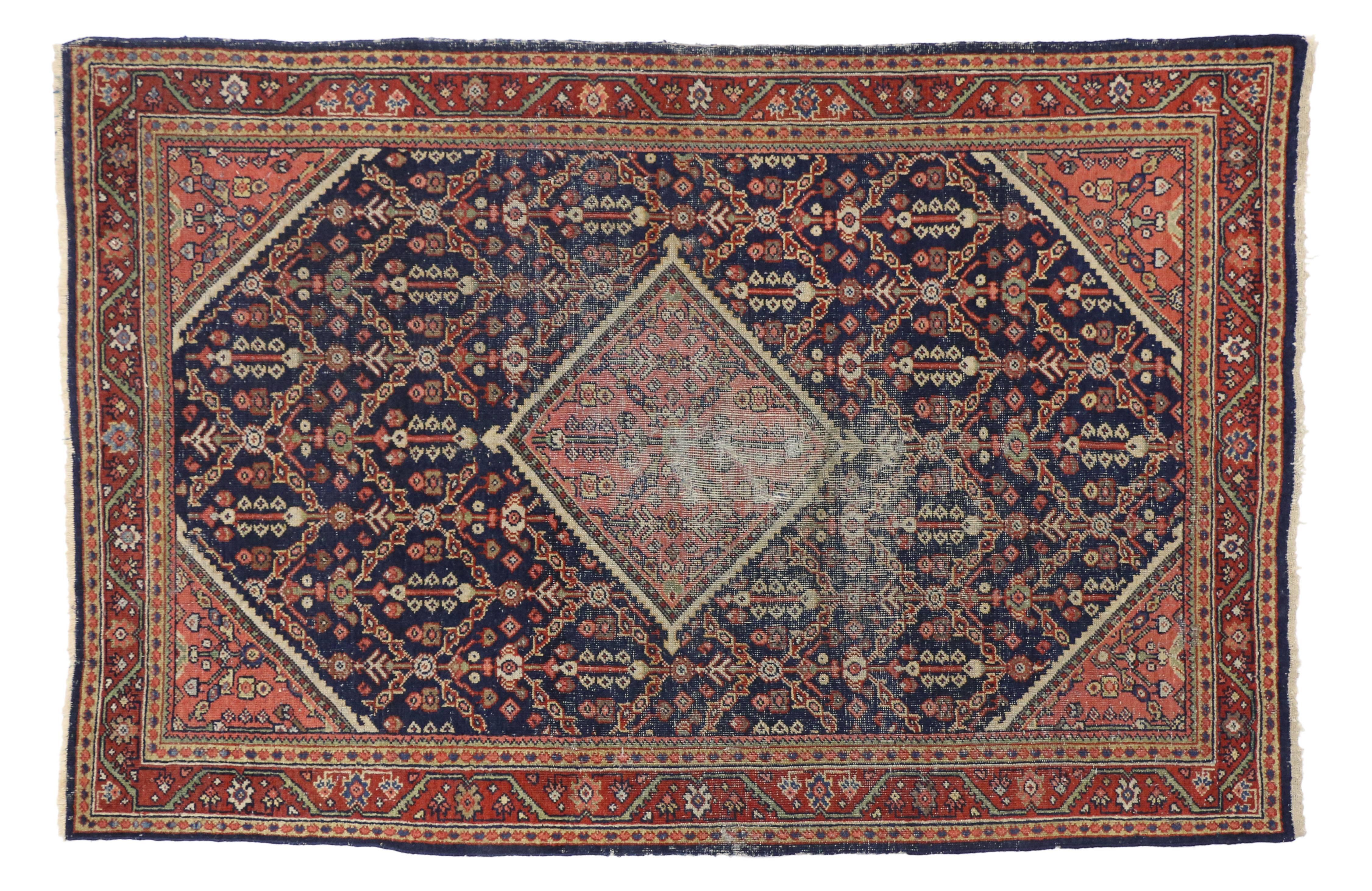 Distressed Antique Persian Mahal Rug with Rustic English Traditional Style In Distressed Condition For Sale In Dallas, TX