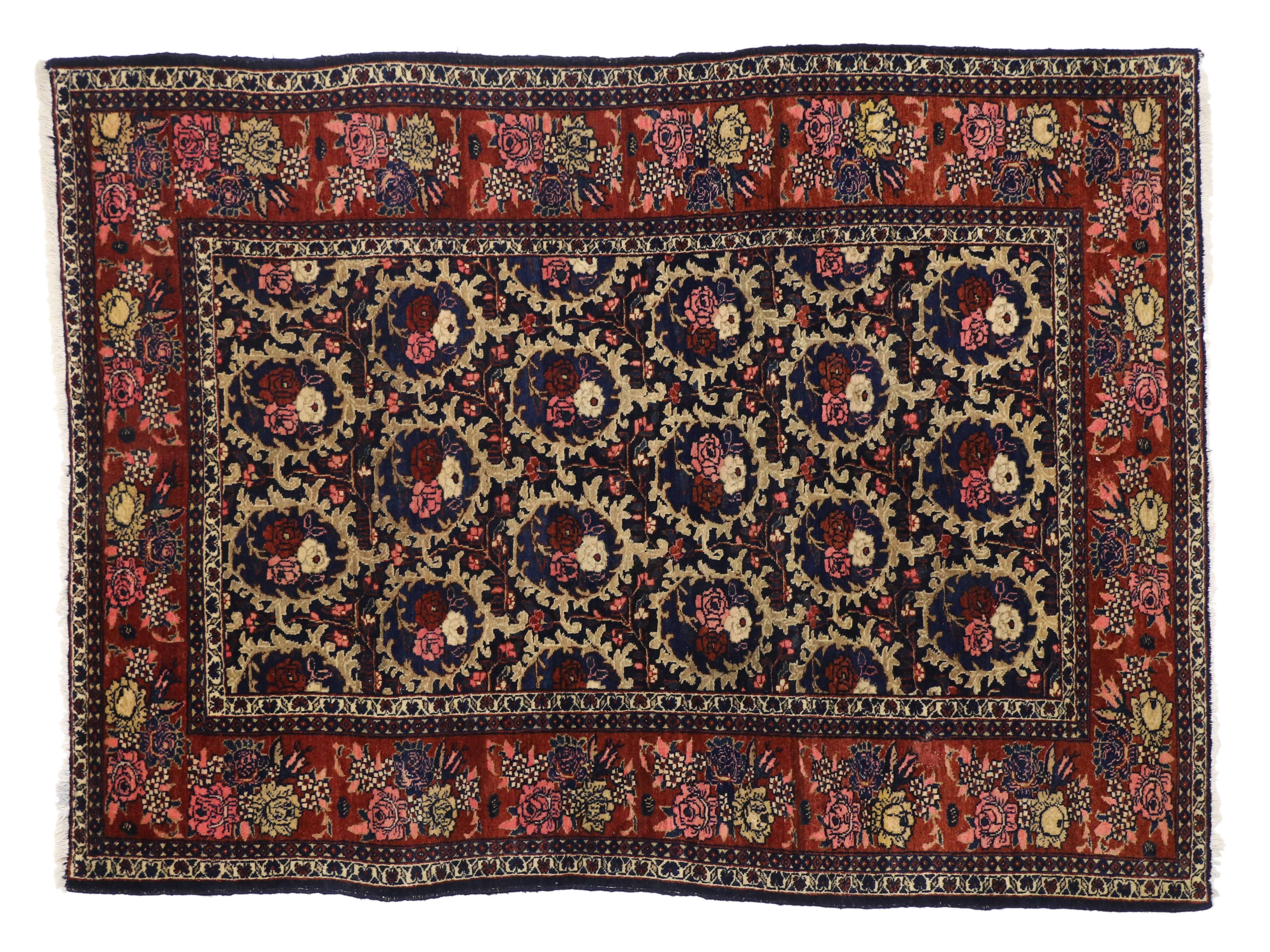 Victorian Antique Persian Bijar Rug with Traditional Style and Floral Compartment Design For Sale