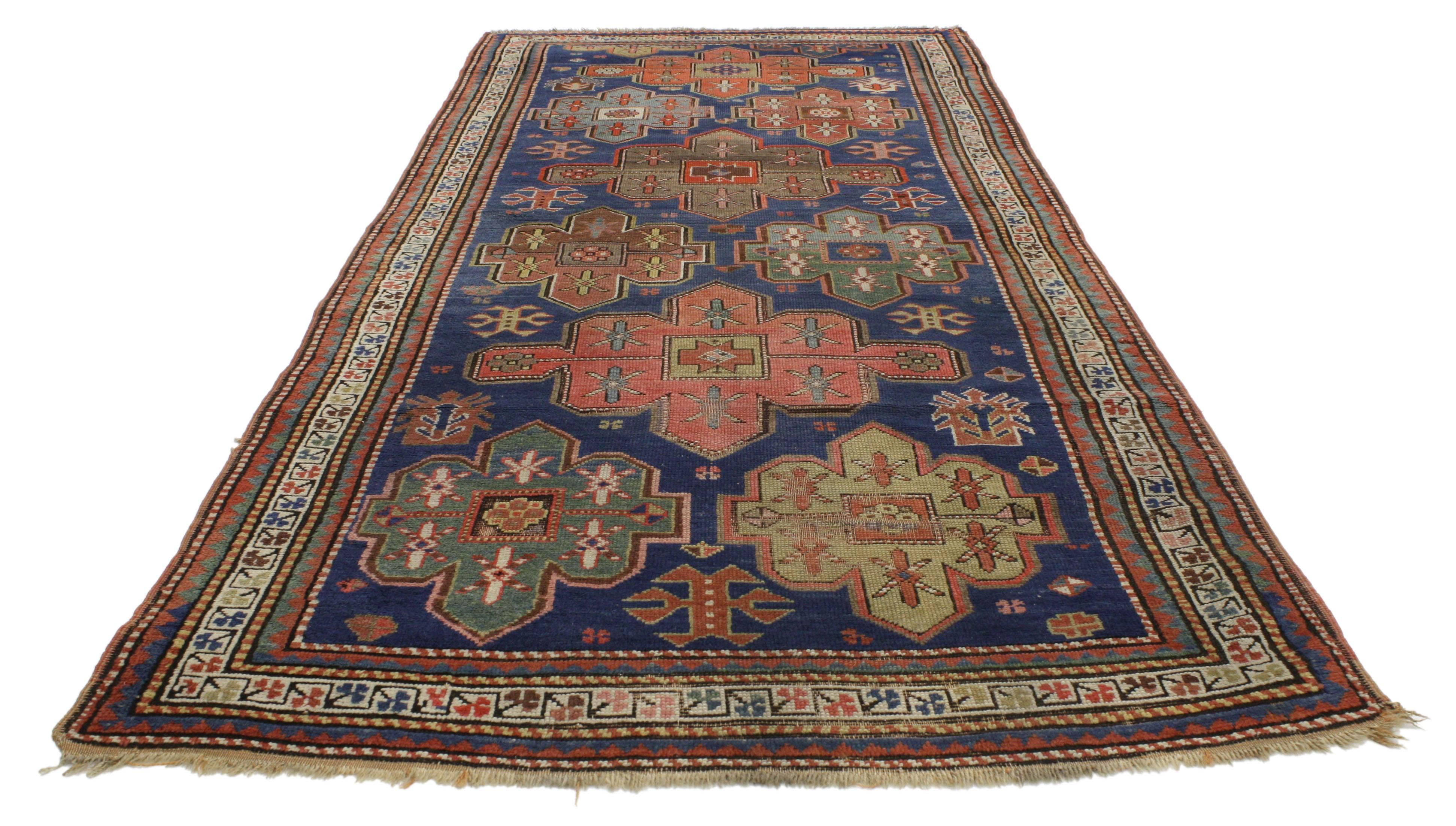 Hand-Knotted Rustic Tribal Style Antique Caucasian Kazak Rug, Wide Hallway Runner For Sale