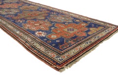 Rustic Tribal Style Antique Caucasian Kazak Rug, Wide Hallway Runner