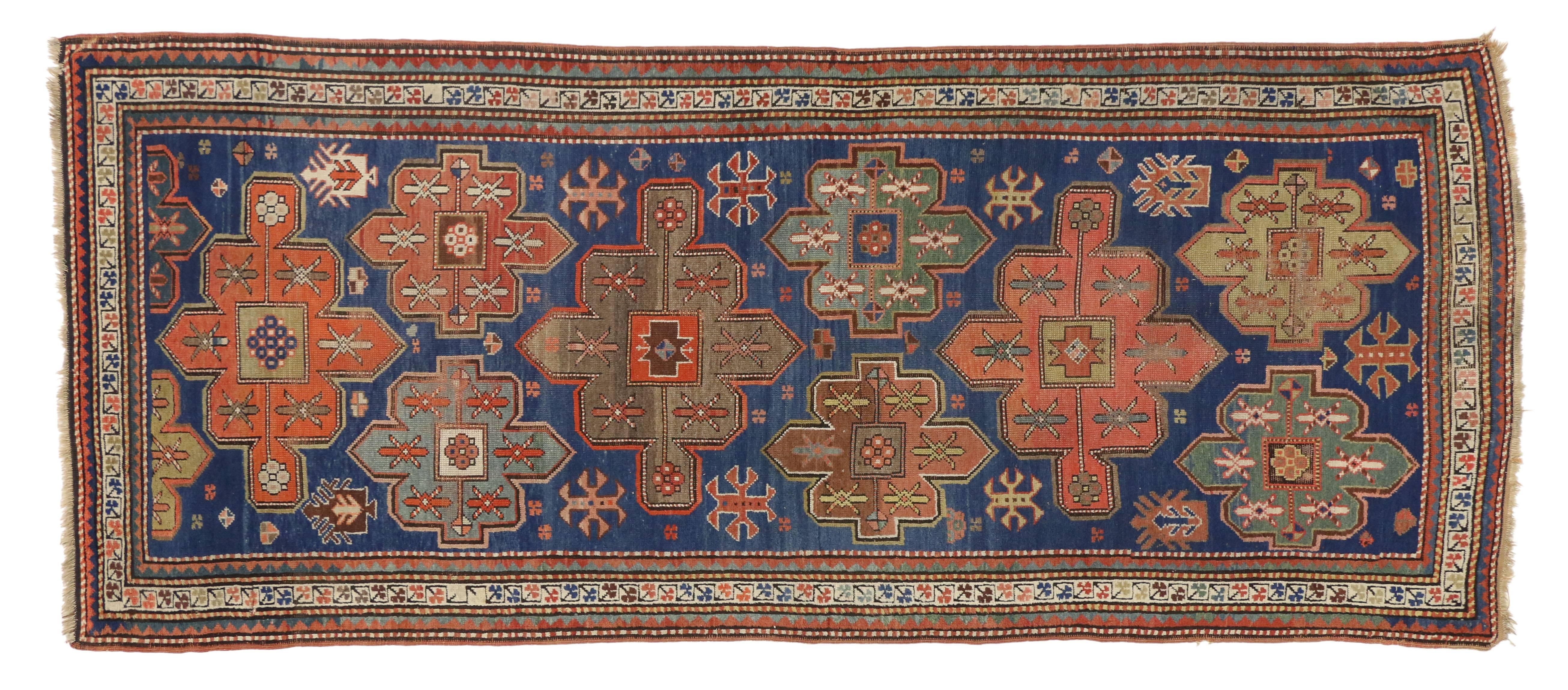 Rustic Tribal Style Antique Caucasian Kazak Rug, Wide Hallway Runner In Good Condition For Sale In Dallas, TX