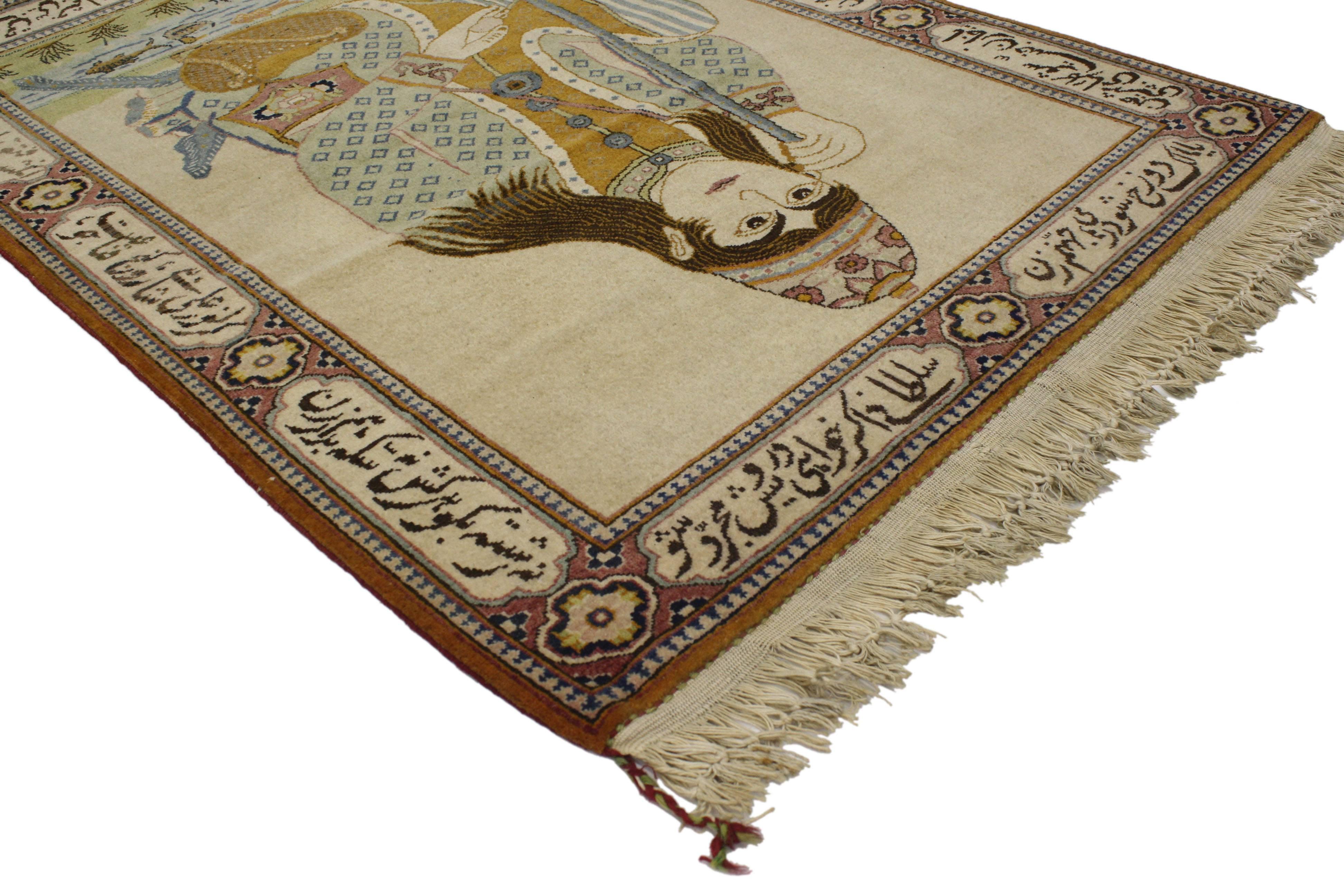 77017 Antique Persian Kashan Pictorial Rug, Dervish in a Garden Tapestry, Wall Hanging with Poetry of Abbas Foroughi Bastami. Drawing inspiration from the famous dervish Nur Ali Shah, this antique Persian Kashan rug is a beautiful example of an