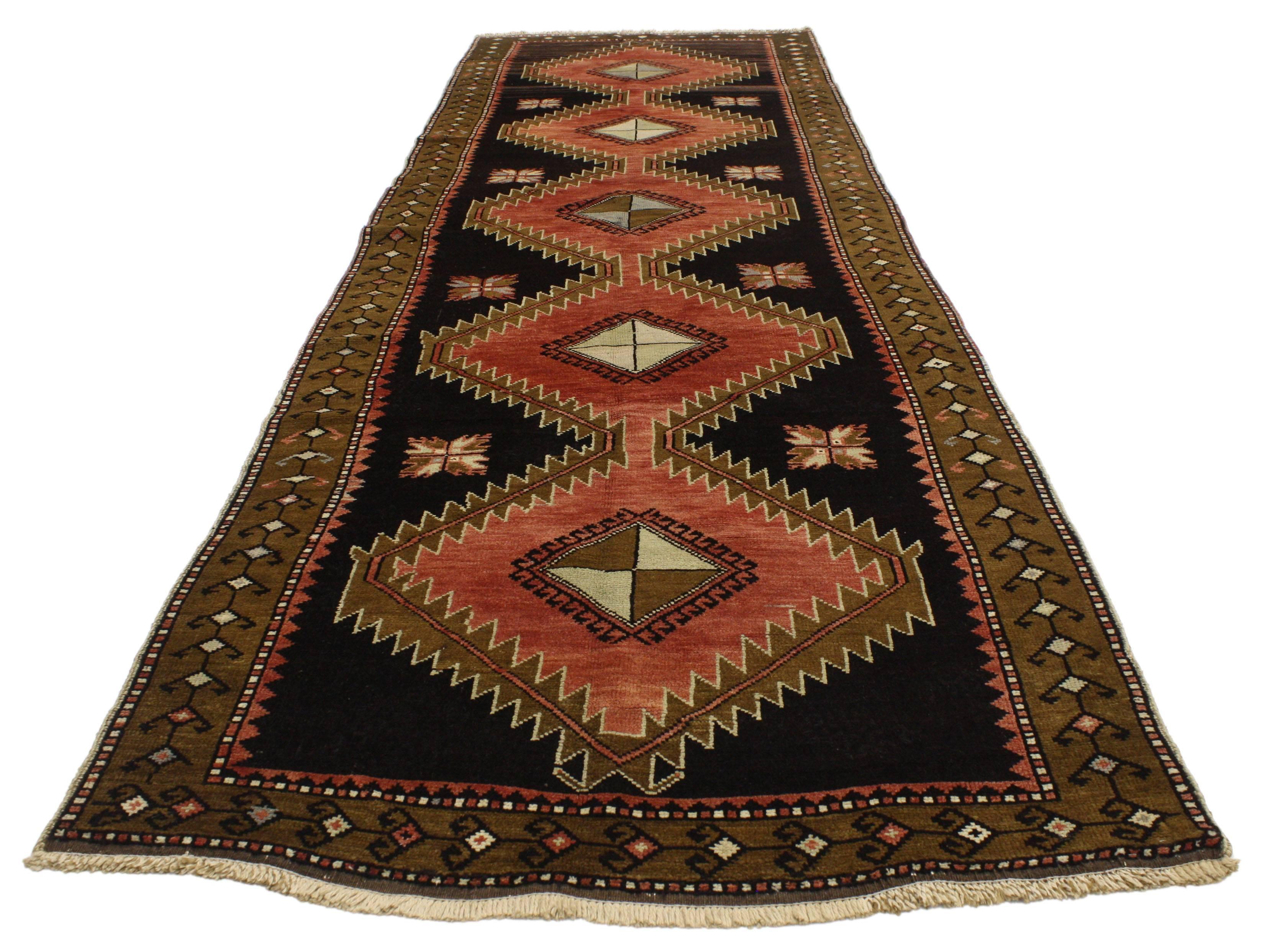 Hand-Knotted Vintage Turkish Oushak Runner with Modern Tribal Style, Hallway Runner
