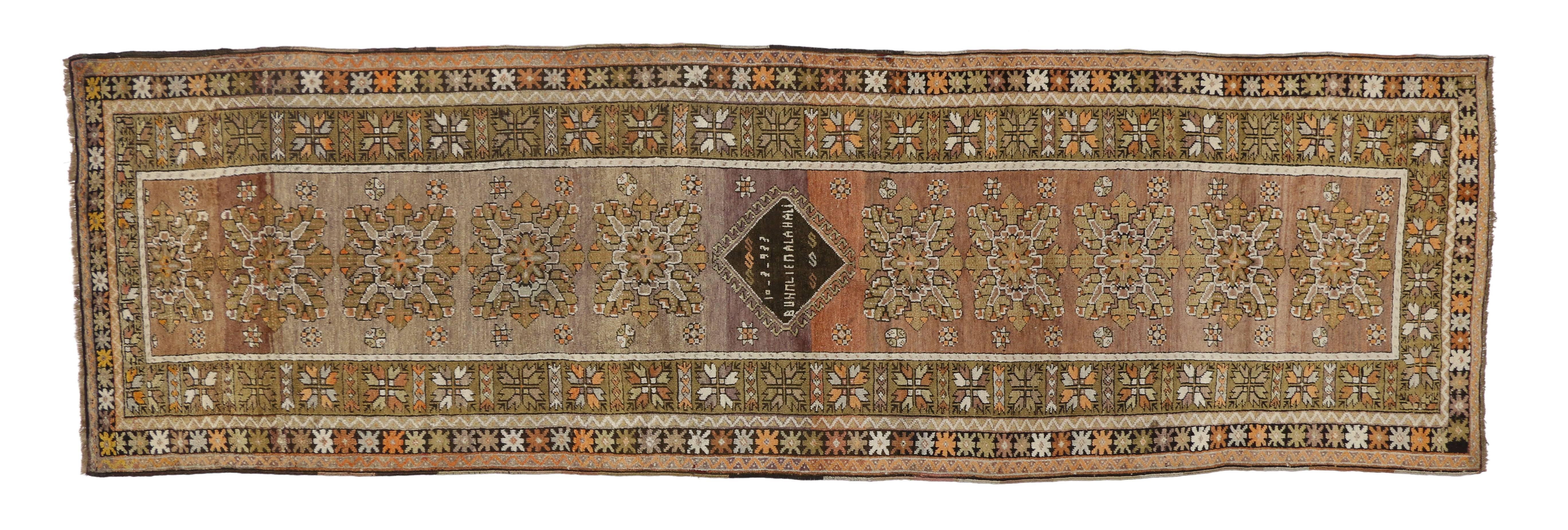 Hand-Knotted Vintage Turkish Oushak Runner with Modern Traditional Style, Hallway Runner