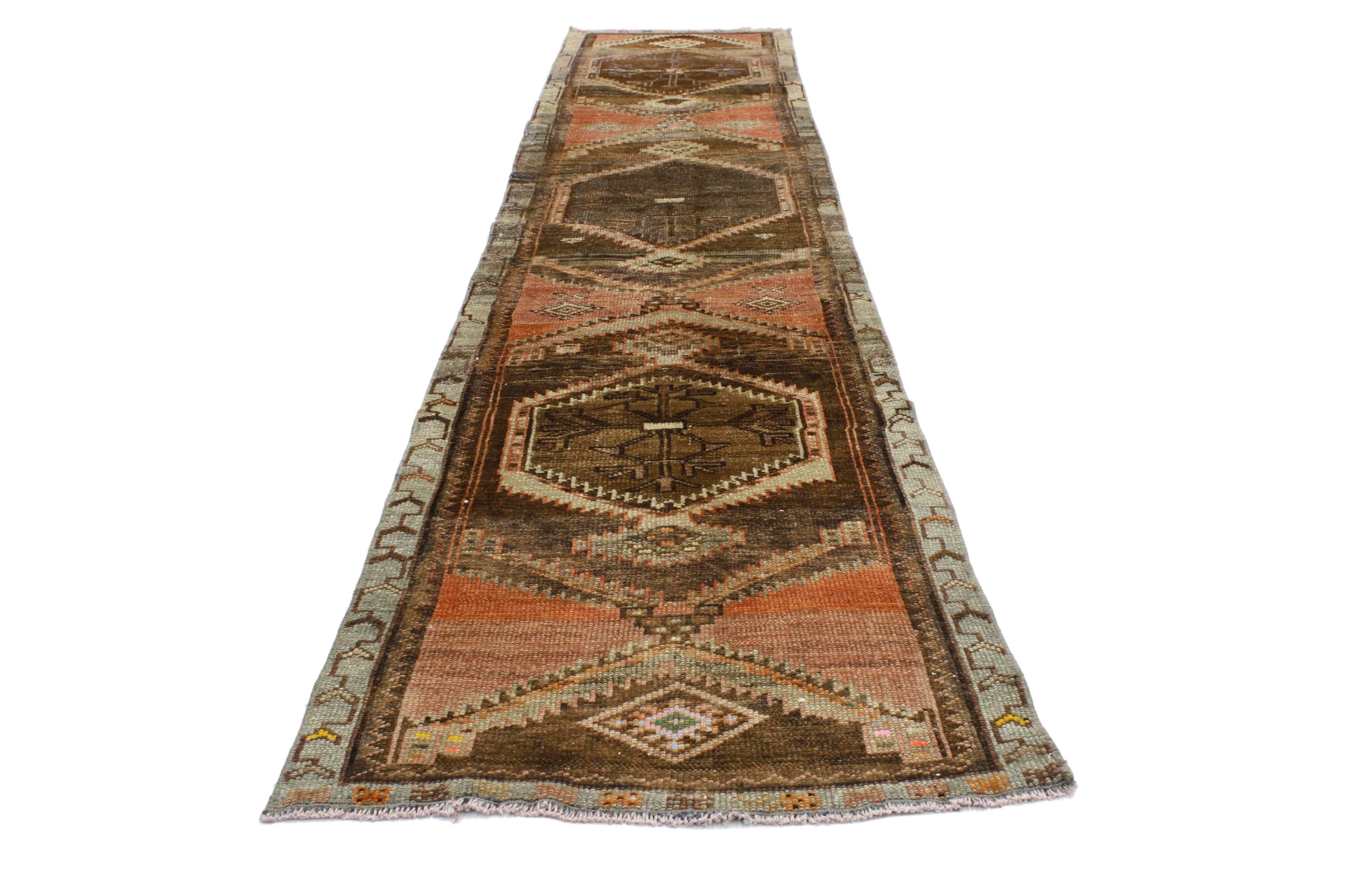 Hand-Knotted Vintage Turkish Oushak Runner with Mid-Century Modern Style For Sale