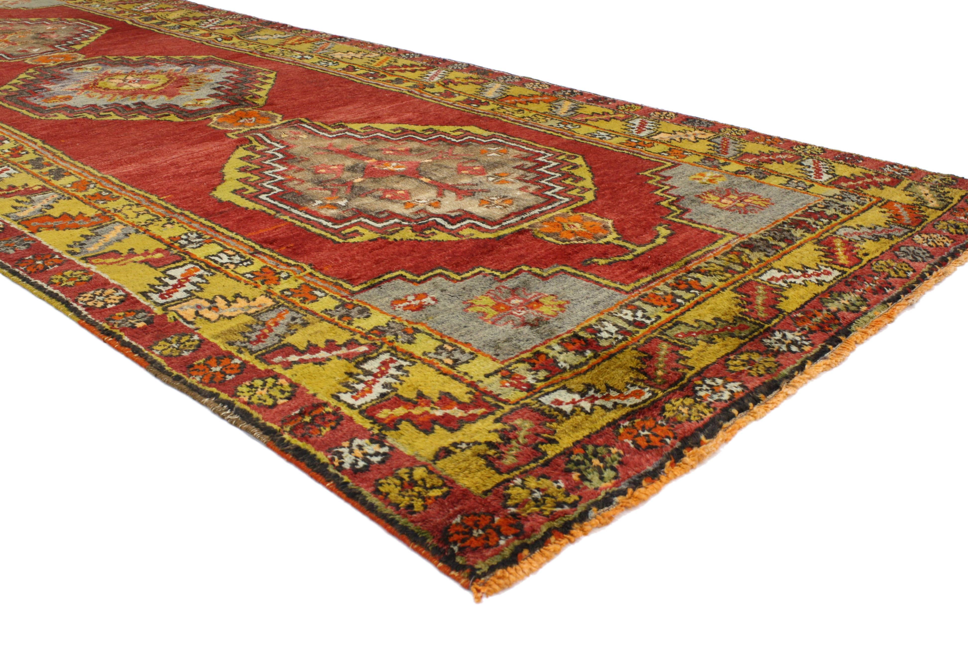 Hand-Knotted Vintage Turkish Oushak Runner with Modern Tribal Style, Wide Hallway Runner For Sale