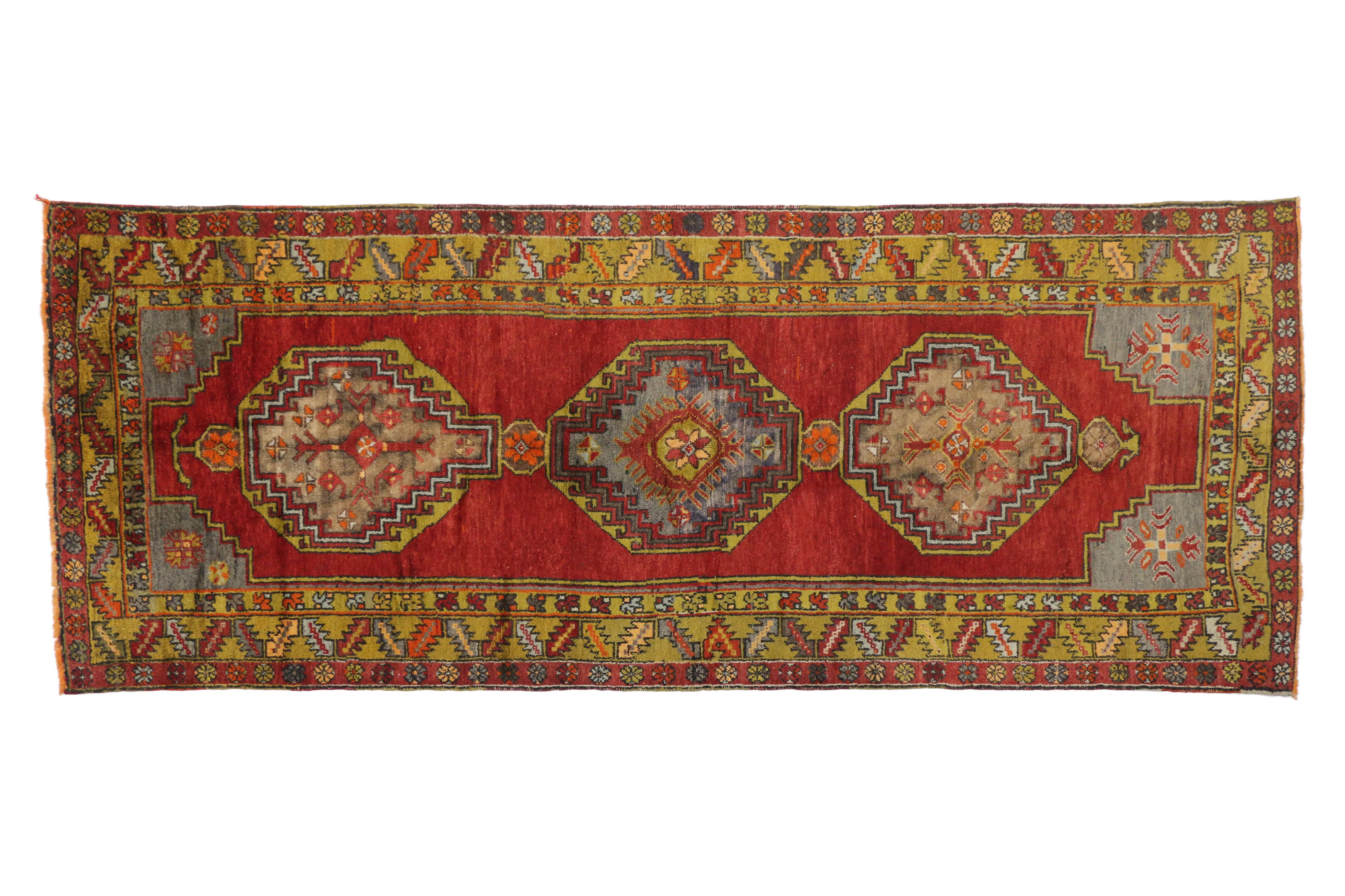Vintage Turkish Oushak Runner with Modern Tribal Style, Wide Hallway Runner In Excellent Condition For Sale In Dallas, TX