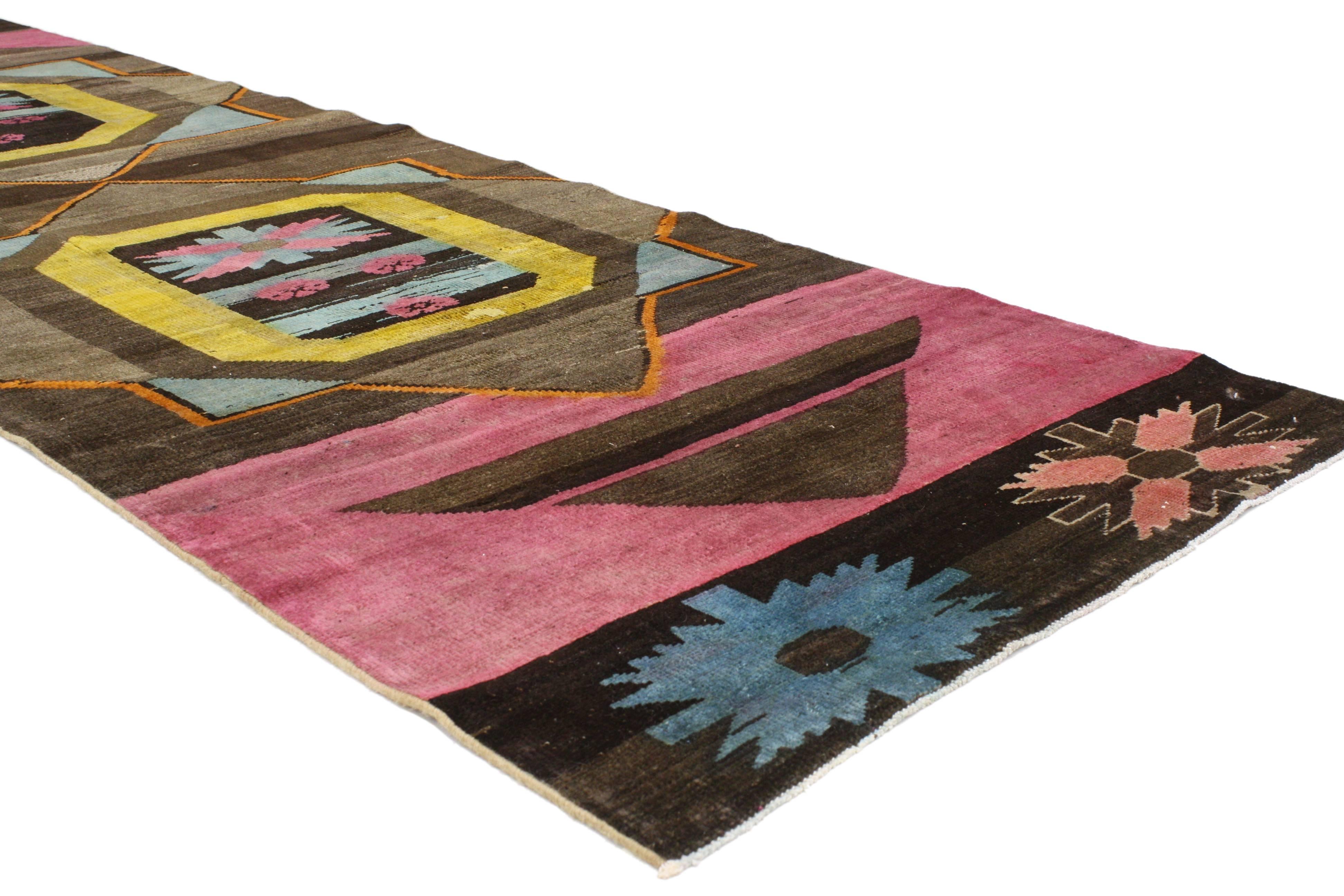 Hand-Knotted Vintage Turkish Oushak Runner with Modern Contemporary Style, Hallway Runner For Sale