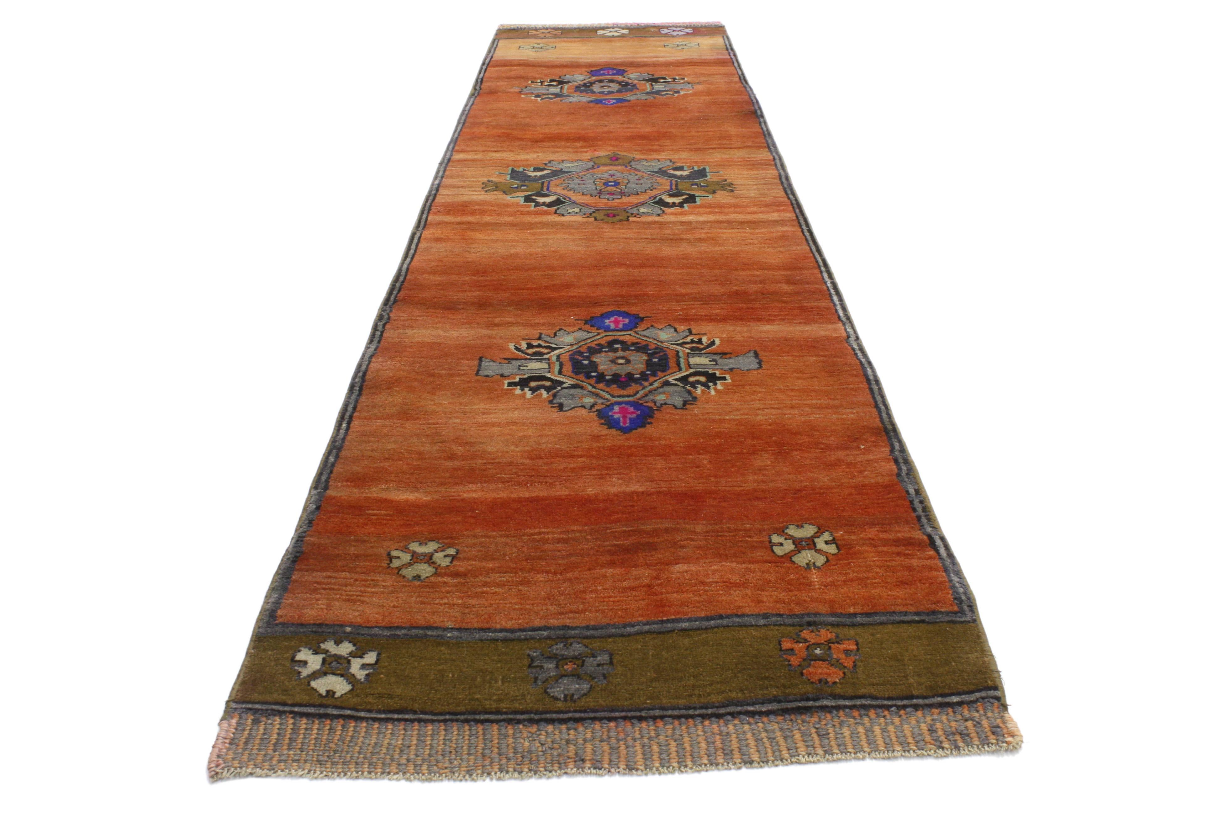Hand-Knotted Vintage Turkish Oushak Runner with Modern Style, Hallway Runner