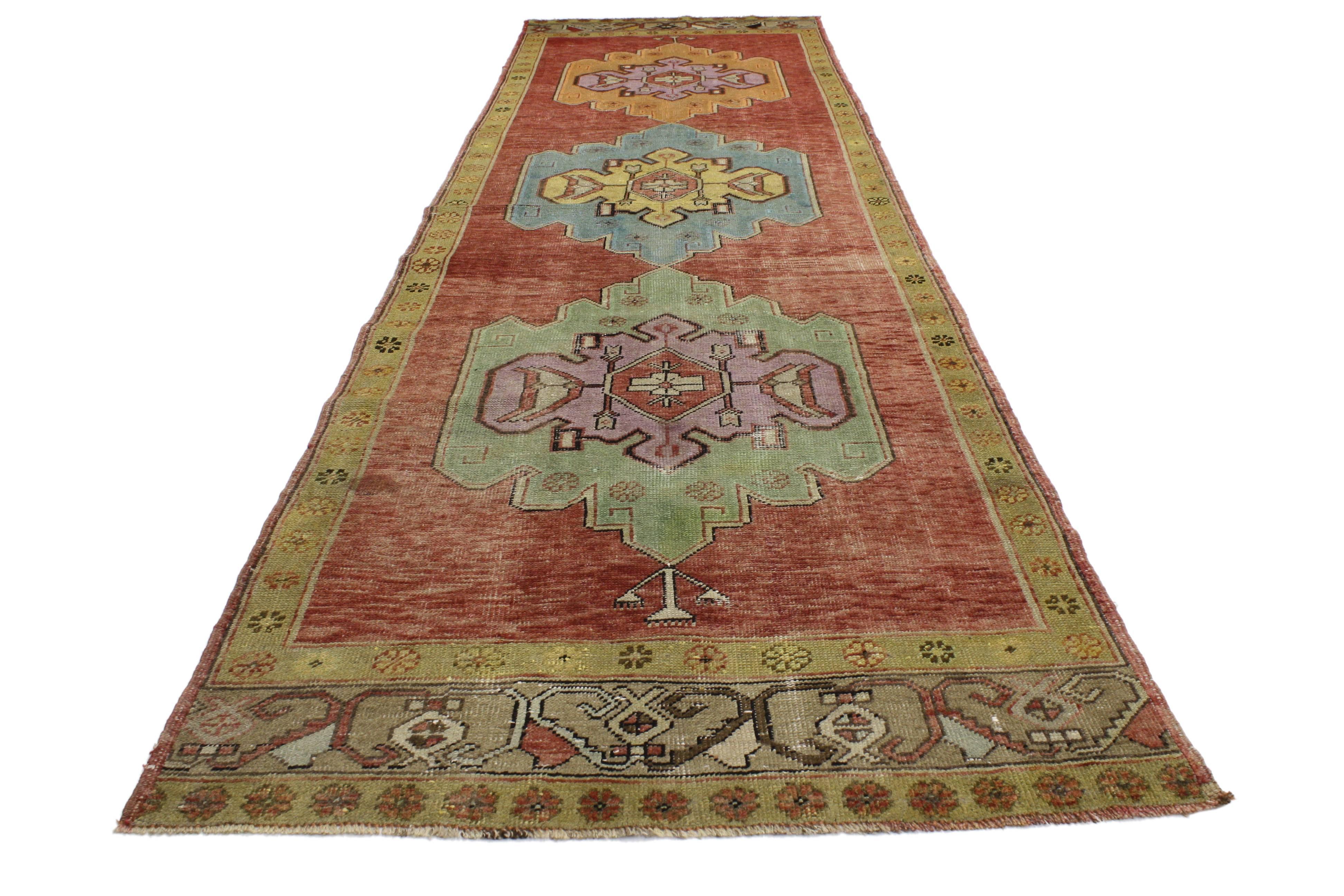 52053 vintage Turkish Oushak runner with modern style. This vintage Turkish Oushak carpet runner with modern style has an eclectic take on a classic design. Immersed in Anatolian history with fashion-forward colors, this vintage Oushak runner nicely