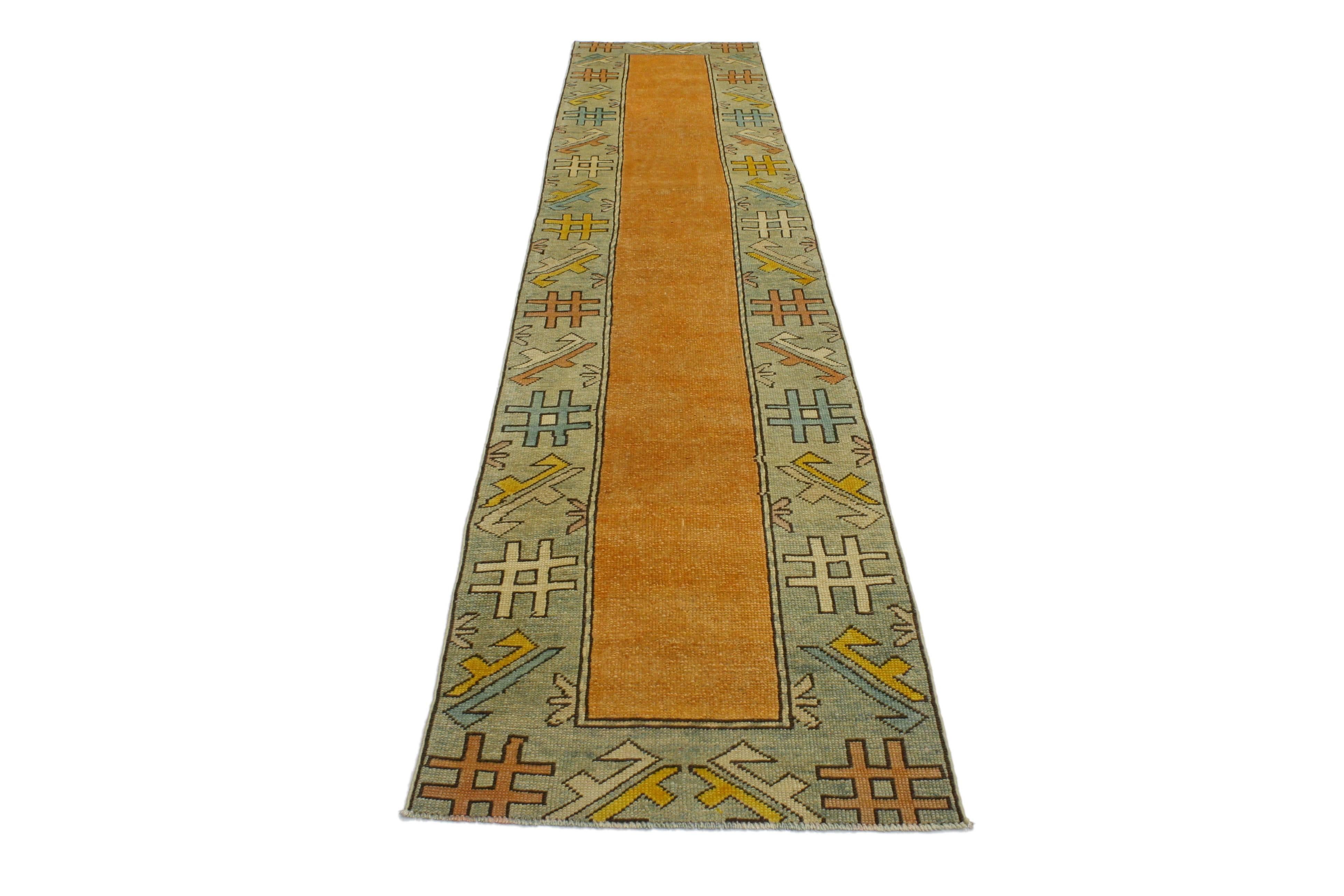 Hand-Knotted Vintage Turkish Oushak Hallway Runner with International Art Deco Style