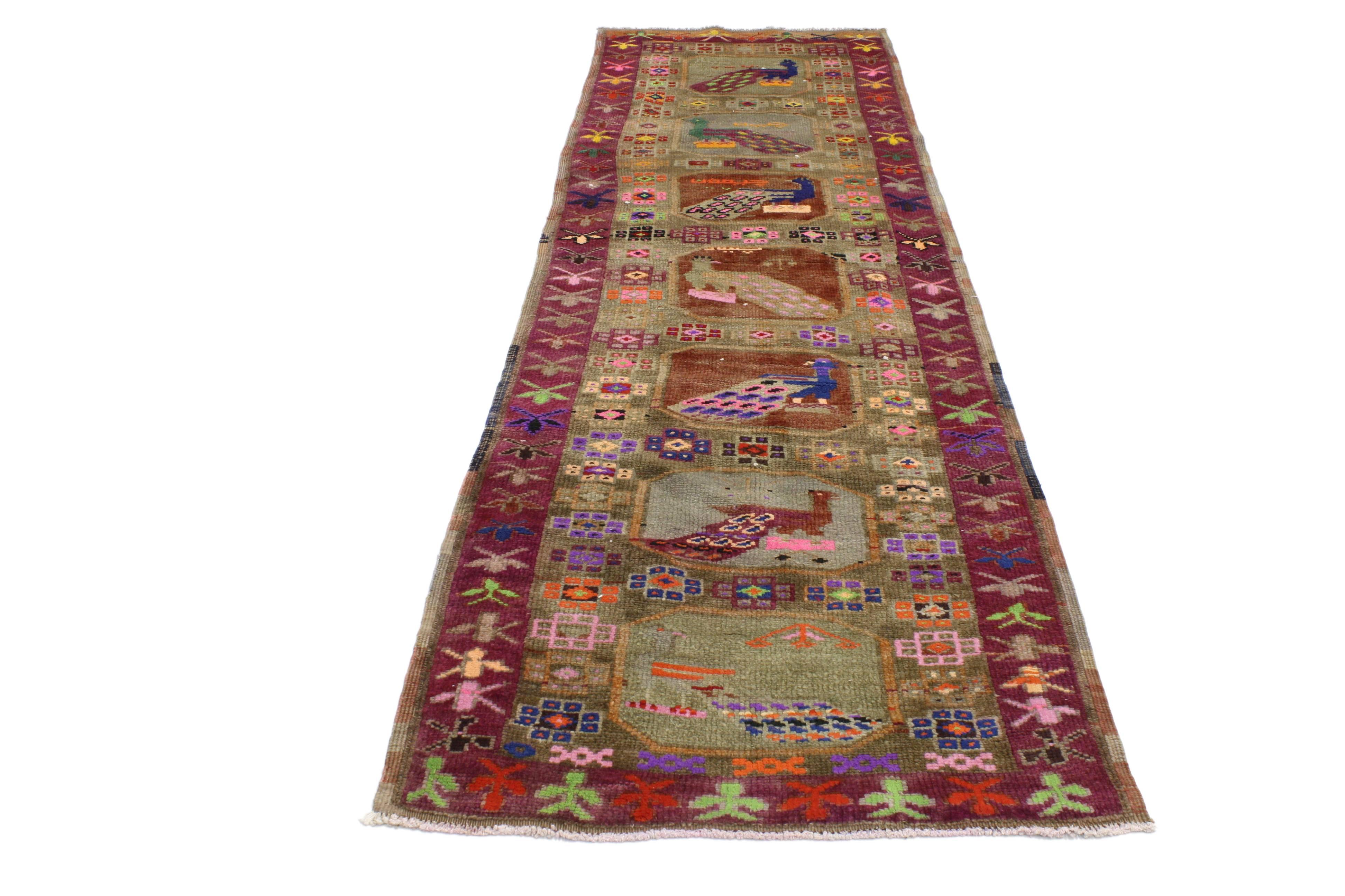Hand-Knotted Vintage Turkish Oushak Runner with Tribal Style and Peacock Motifs