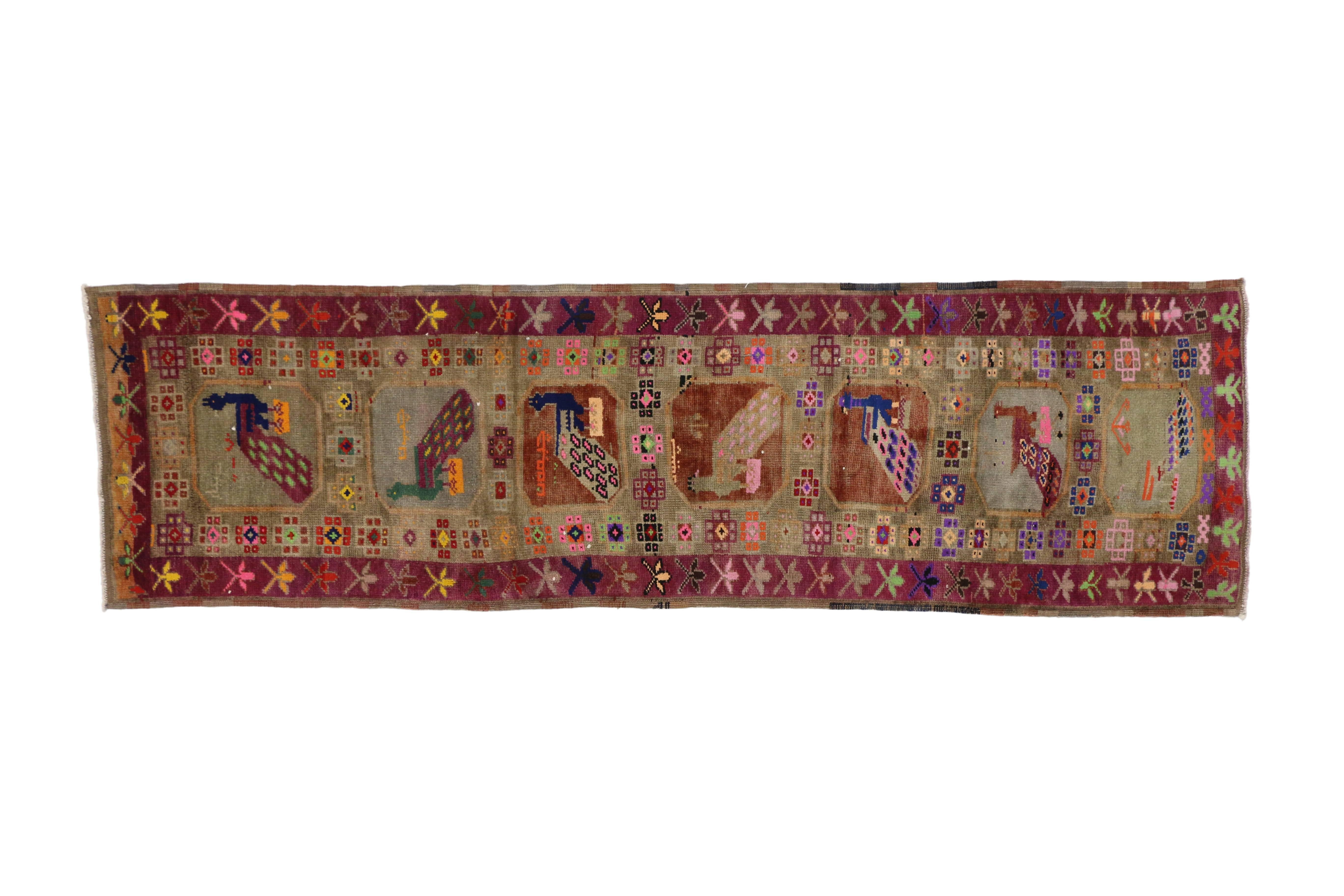 Vintage Turkish Oushak Runner with Tribal Style and Peacock Motifs In Good Condition In Dallas, TX