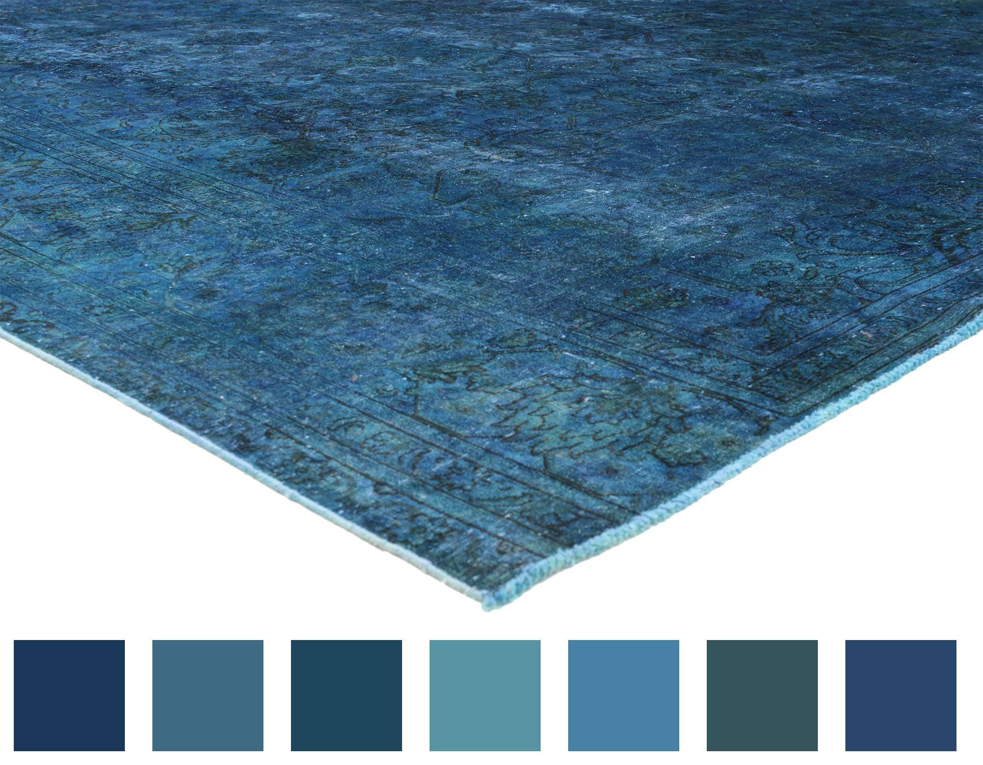80425 Distressed Vintage Overdyed Blue Persian Square Rug with Luxe Mediterranean Style. Luxe Mediterranean style meets elegant simplicity in this hand-knotted wool distressed vintage overdyed blue Persian rug. The field is covered in an all-over