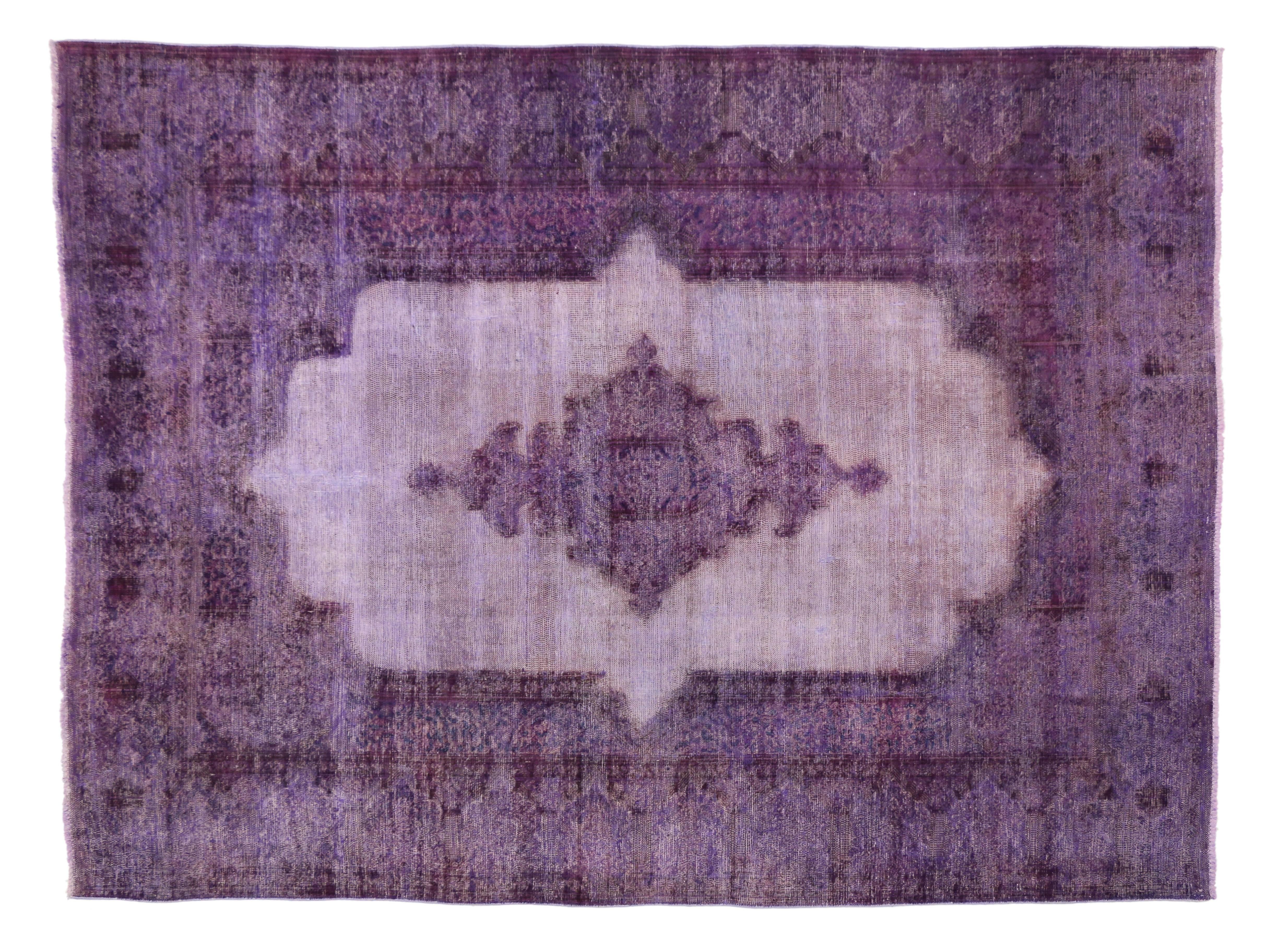 Hand-Knotted Distressed Overdyed Purple Persian Rug with Post-Modern Memphis Style