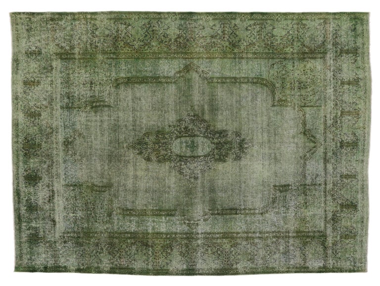 Distressed Overdyed Green Persian Rug with Modern Style at 1stDibs