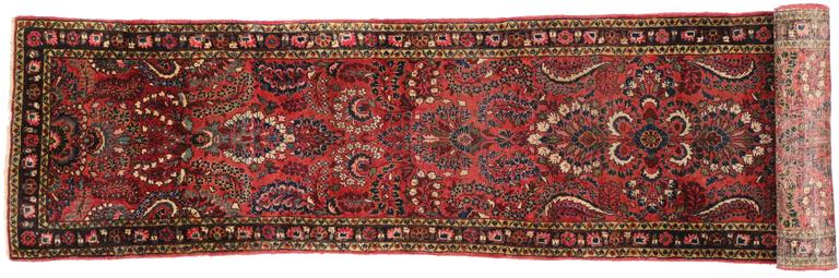 Antique Persian Hamadan Runner, Extra-Long Persian Hallway Runner, Sarouk Style In Good Condition For Sale In Dallas, TX