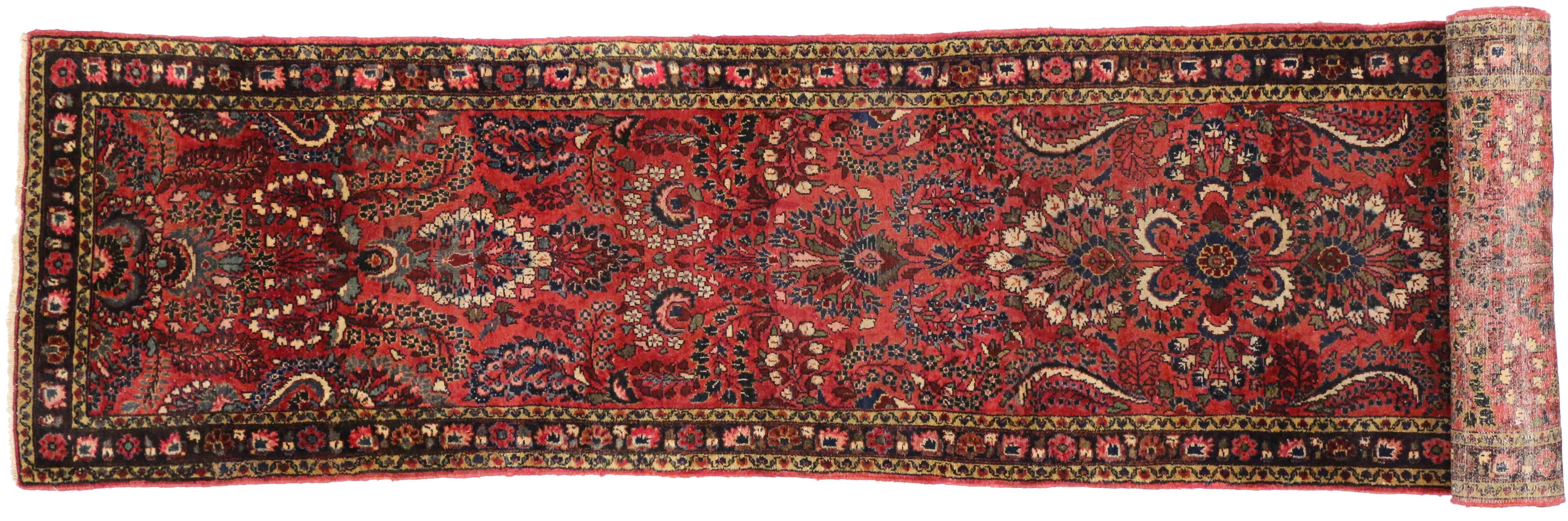Hand-Knotted Antique Persian Hamadan Runner, Extra-Long Persian Hallway Runner, Sarouk Style For Sale