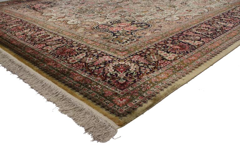 Vintage Persian Silk Qum Rug with European Romance Style in Soft Colors