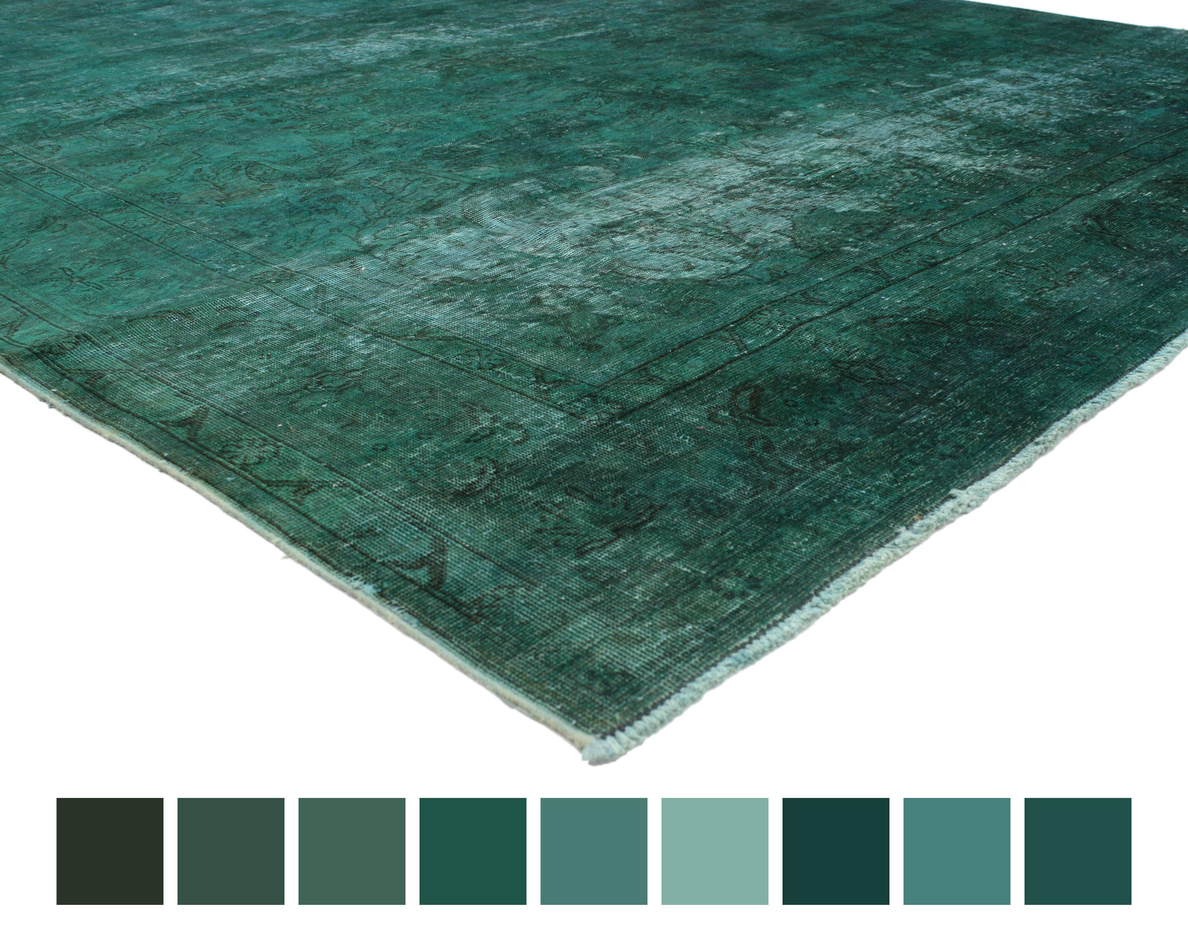 80417 Distressed Vintage Overdyed Teal Persian Rug with Modern Style. This beautifully composed distressed overdyed teal Persian rug with modern contemporary style features an all-over geometric pattern. Distressed and overdyed hues of worn