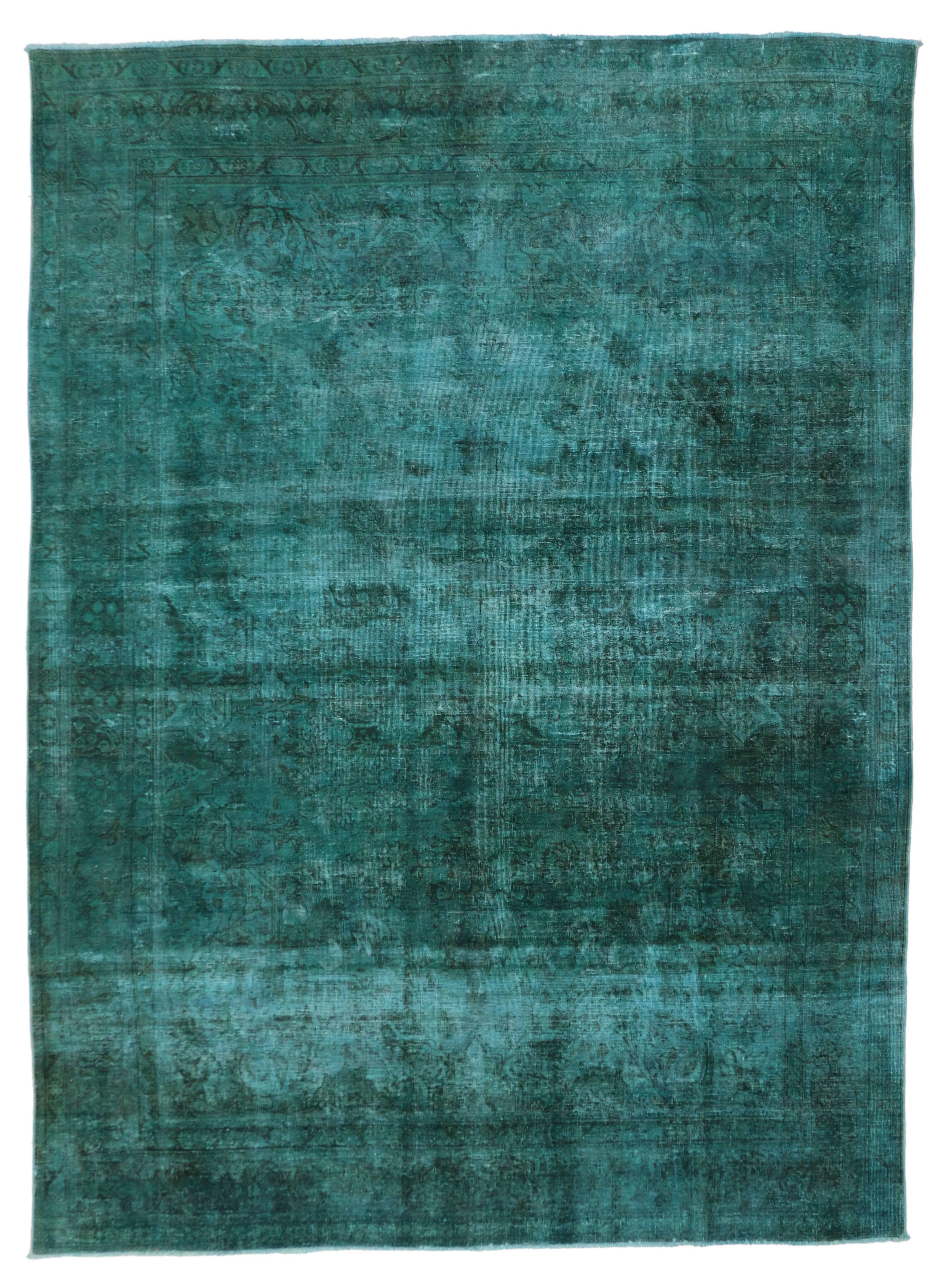Hand-Knotted Distressed Overdyed Teal Persian Rug with Modern Contemporary Style