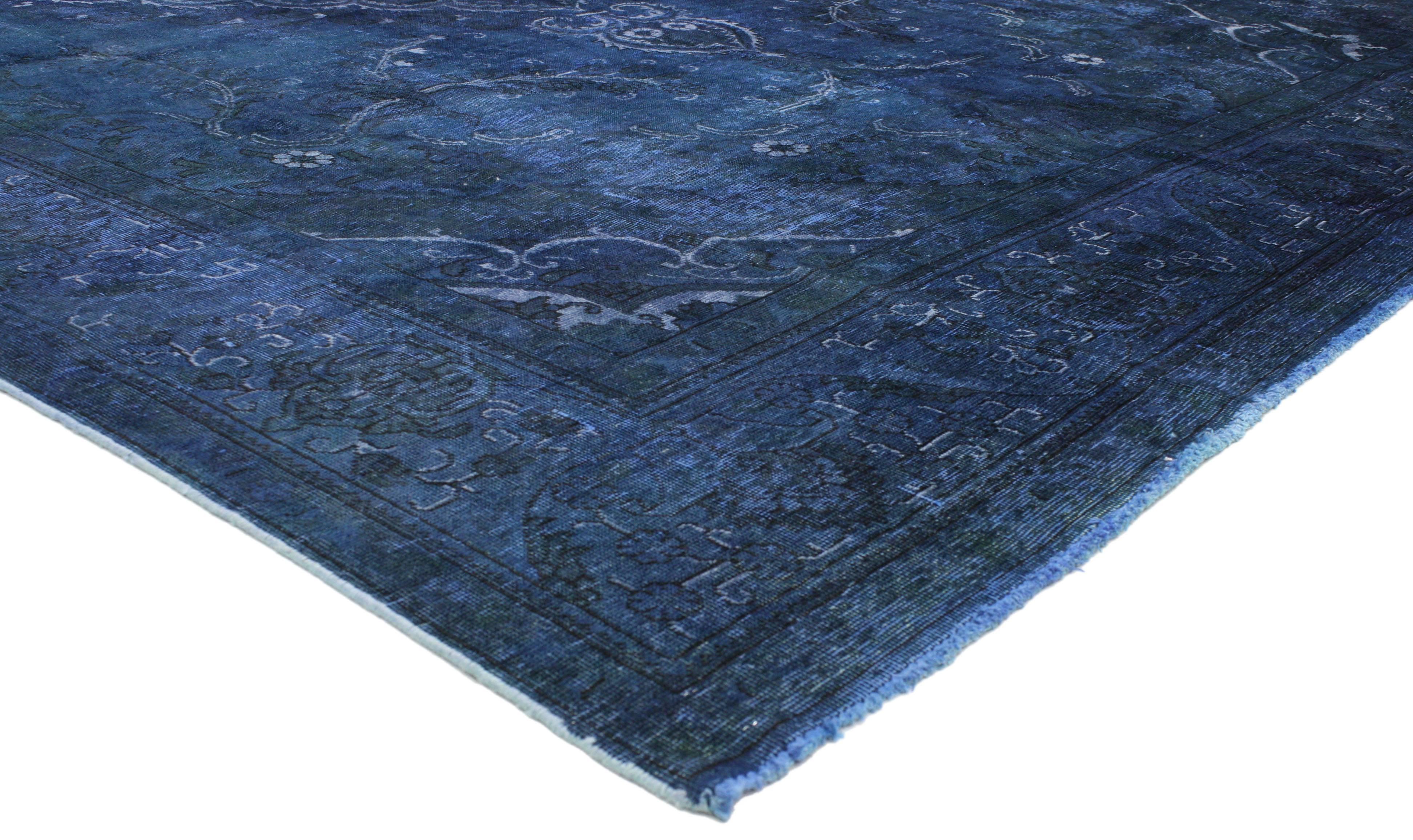 80410 Distressed Blue Overdyed Vintage Persian Rug, Blue Persian Gallery Rug. This beautifully composed overdyed blue vintage Persian gallery rug features an inconspicuous center medallion with two cartouche finials and complementary border