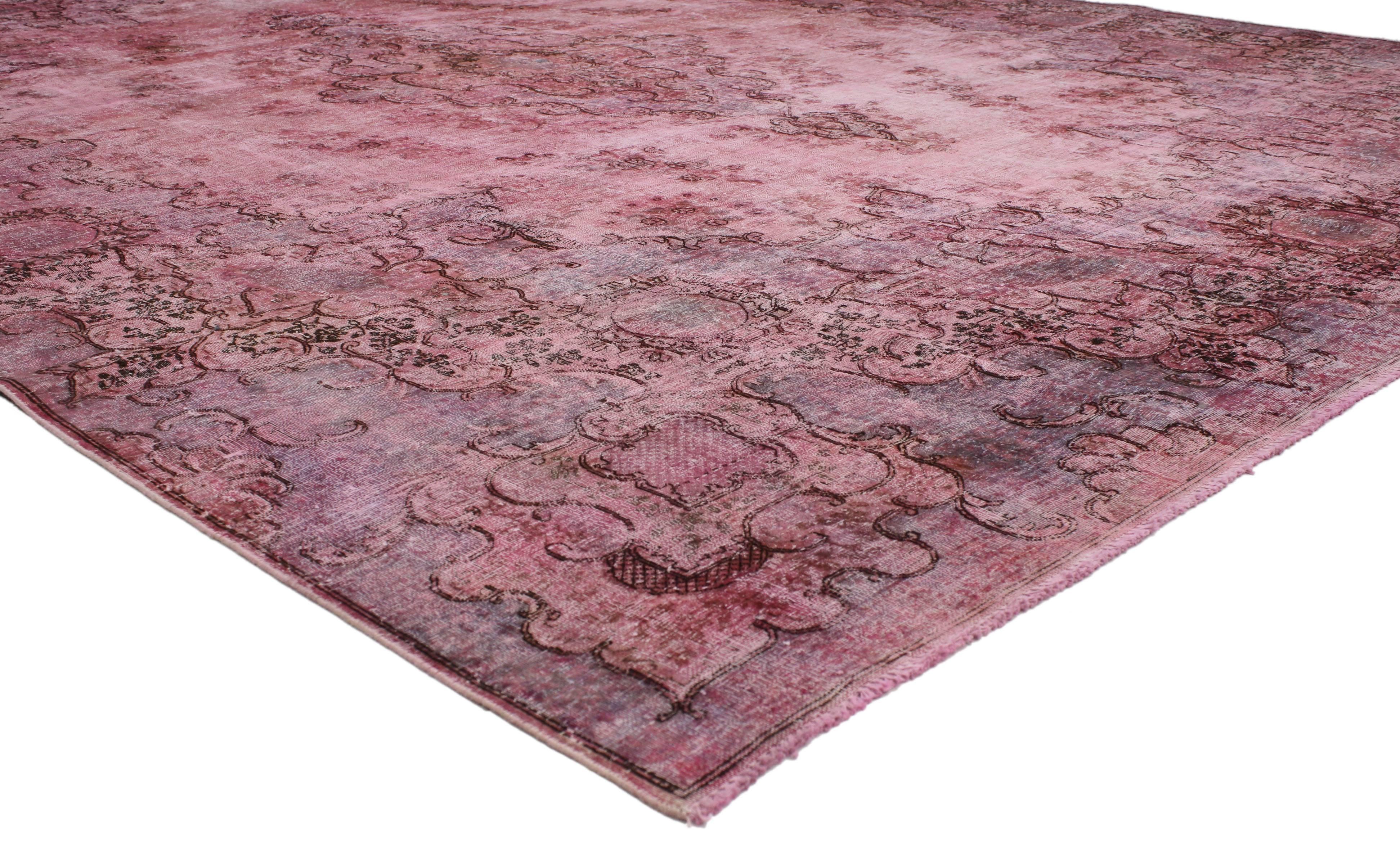 80412 Distressed Pink Overdyed Vintage Persian Rug with Modern Industrial Style. This breathtaking distressed pink overdyed vintage Persian rug with modern industrial style highlights a simplistic yet enchanting design, contributing to its