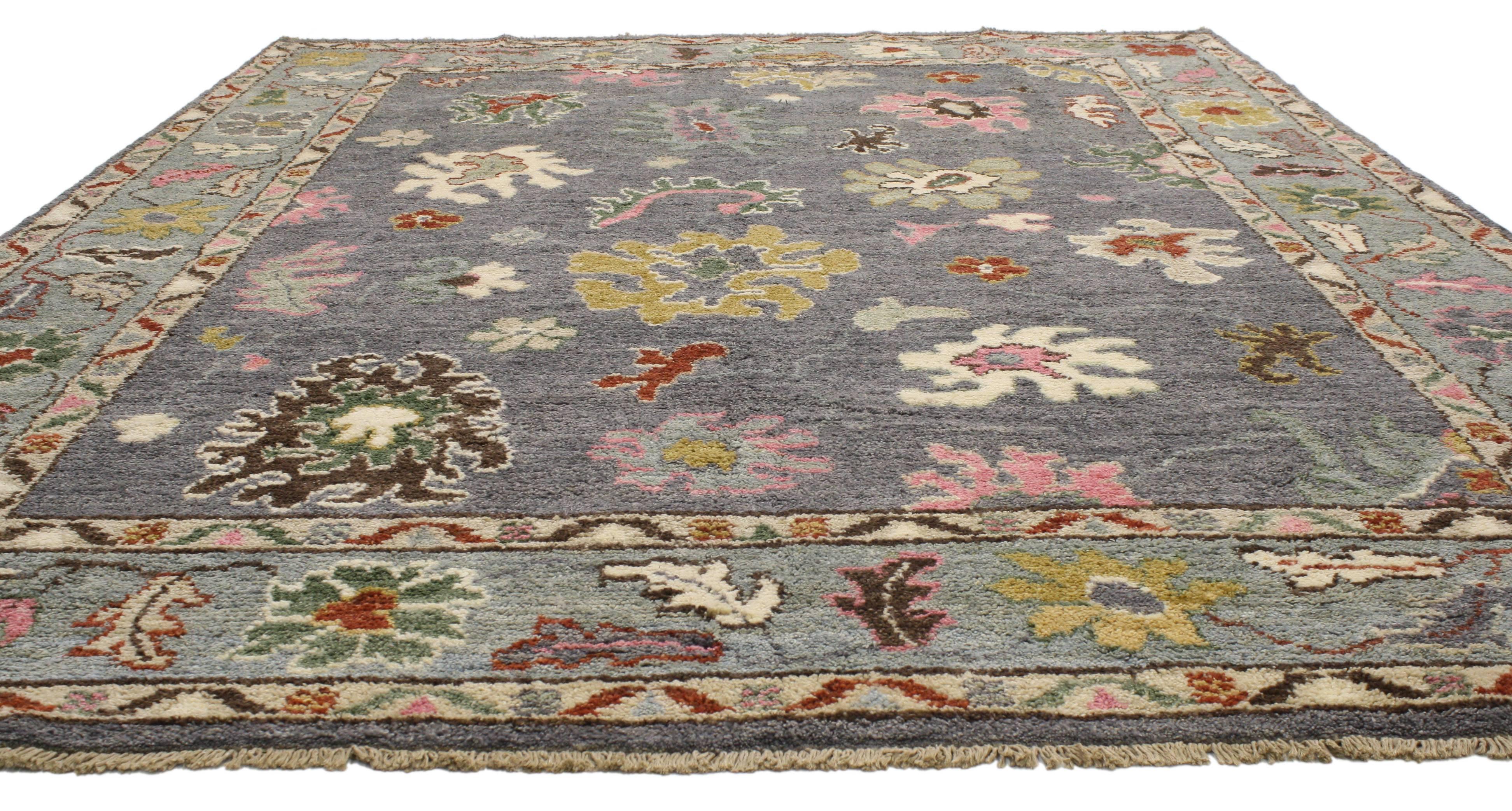 80402 New Contemporary Oushak Area Rug with Memphis Design and Postmodern Luxe Style. This hand knotted wool contemporary Oushak area rug features an all-over colorful geometric pattern composed of Harshang-style motifs, palmettes, flowers, organic