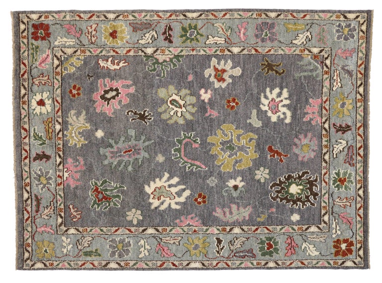 Modern Oushak Style Rug with Bright Colors, Contemporary Grey Oushak Rug For Sale at 1stdibs