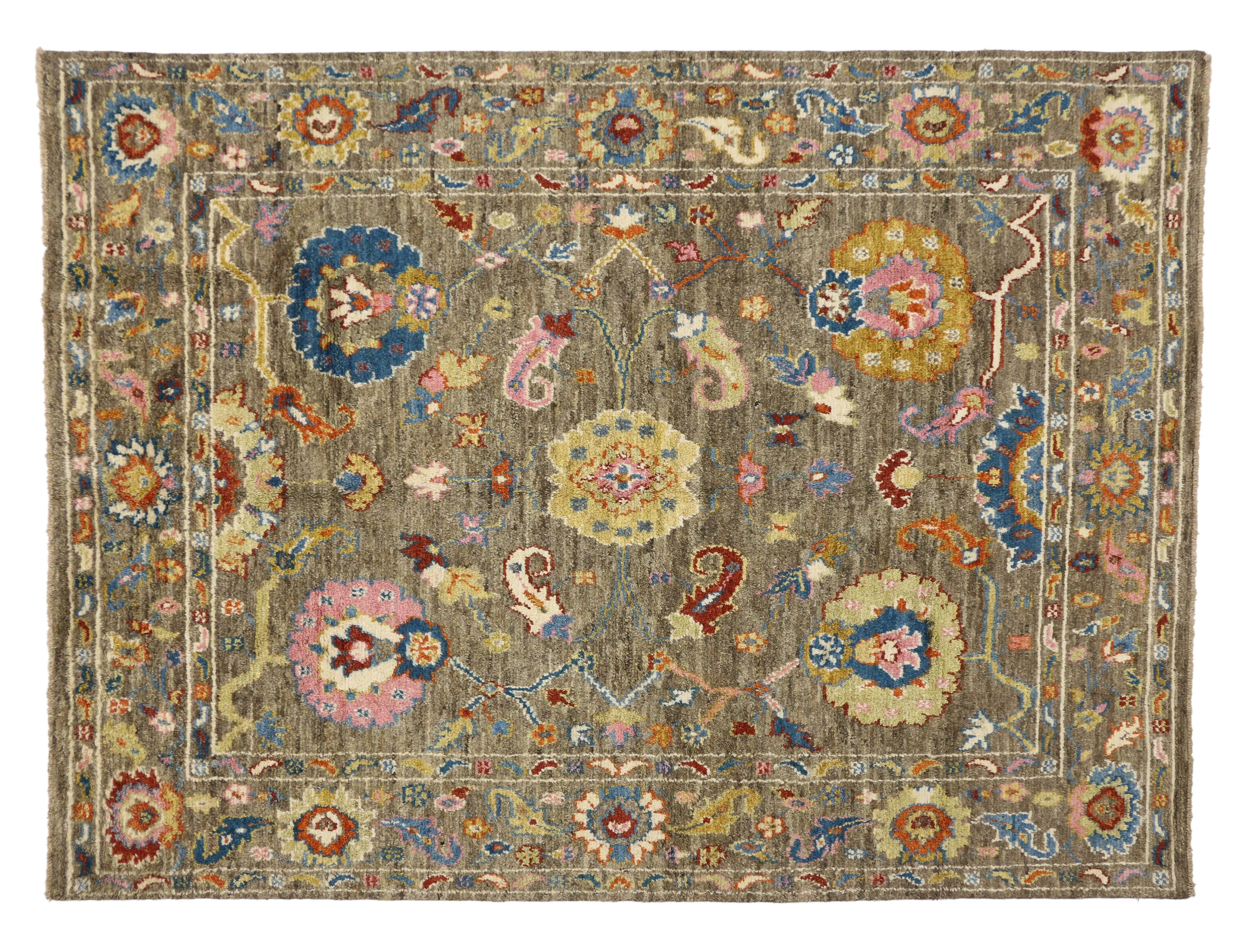 Wool Modern Oushak Style Rug with Bright Colors, Contemporary Oushak Rug