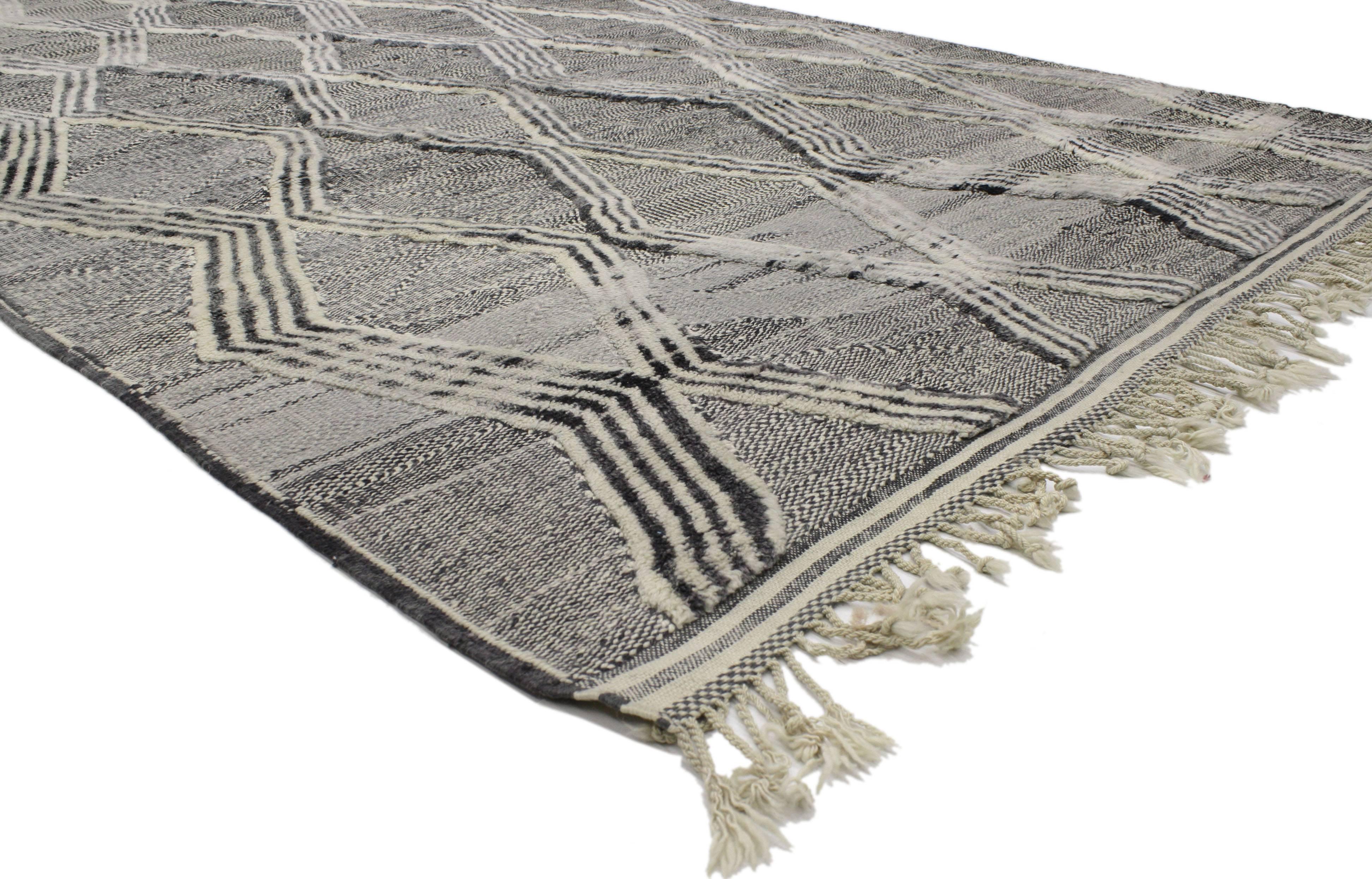 Hand-Knotted Contemporary Modern Moroccan Rug with High and Low Pile
