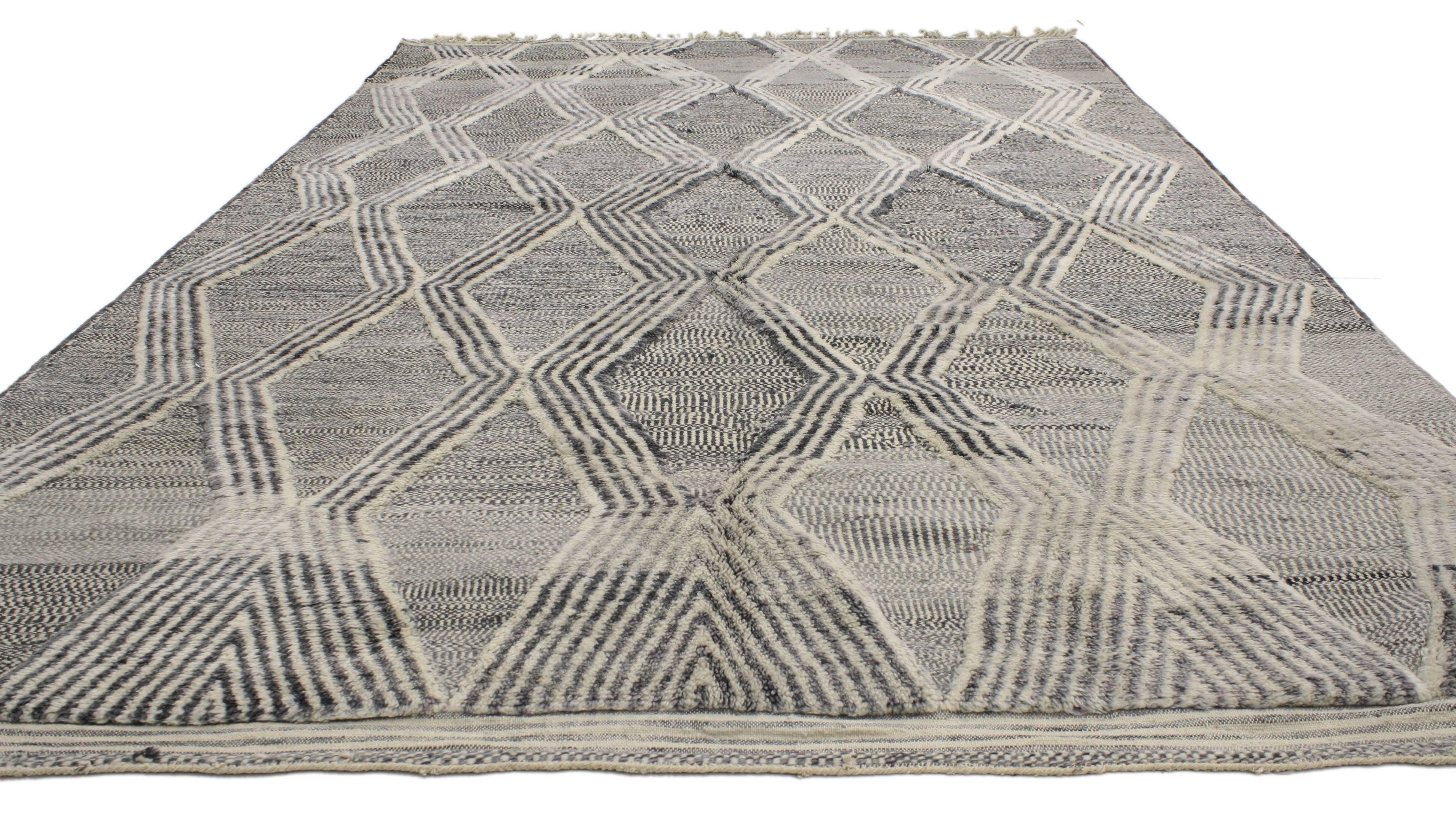 20520, contemporary modern Moroccan rug with high and low pile. Spike the energy in your space with the geometric pattern found in this contemporary Modern Moroccan rug. It is a two layer rug featuring a high and low pile with repeating diamond