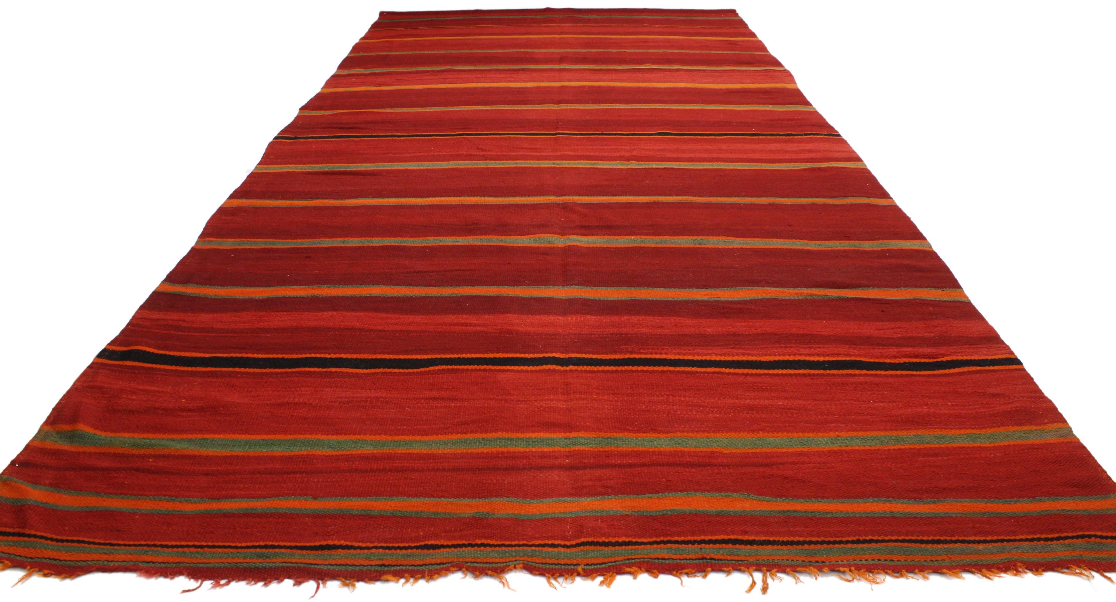 Hand-Woven Vintage Berber Moroccan Kilim with Tribal Boho Chic Style, Red Flat-Weave Kilim