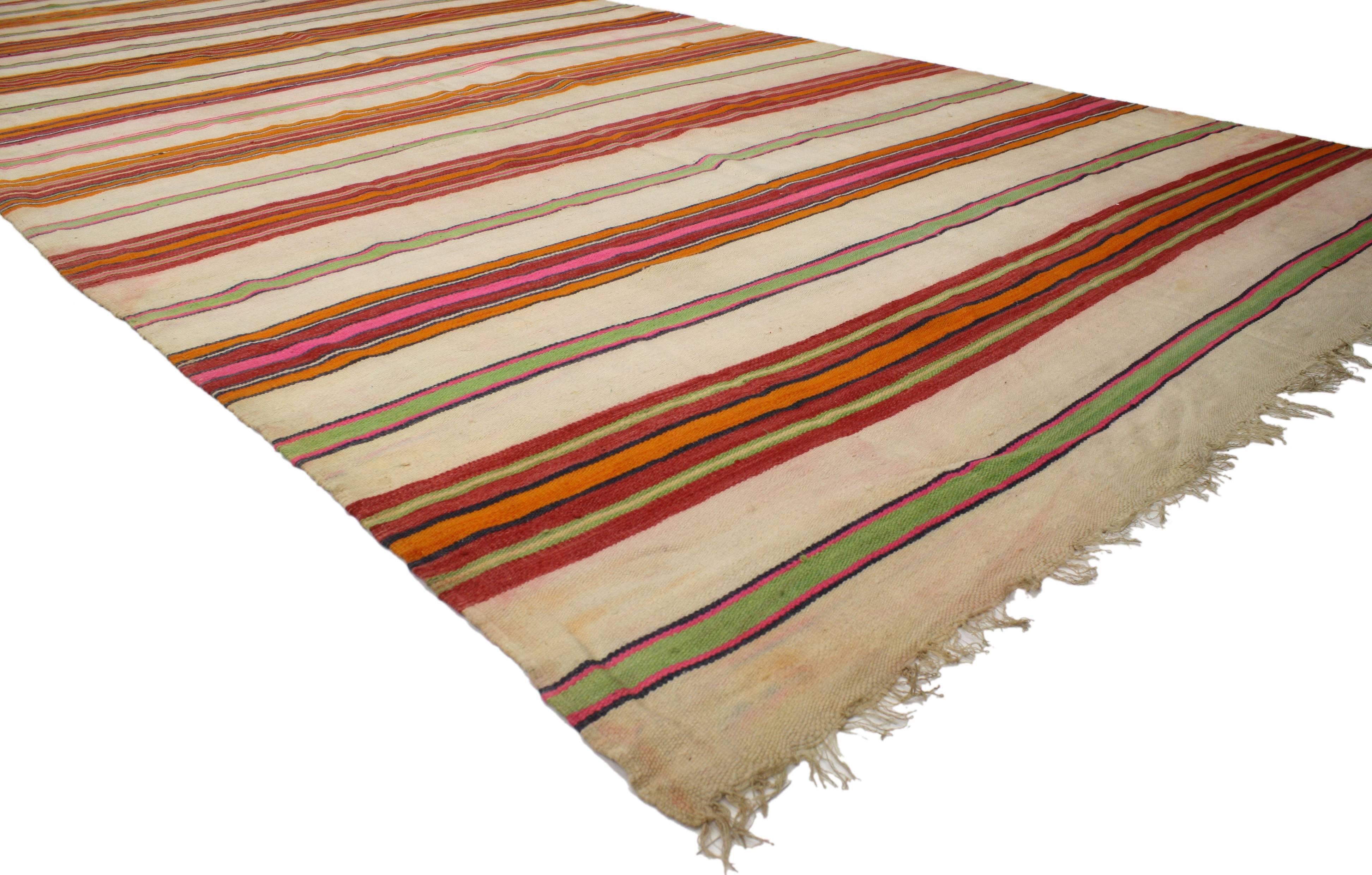 Vintage Berber Moroccan Striped Kilim Rug with Tribal Boho Chic Style In Good Condition For Sale In Dallas, TX
