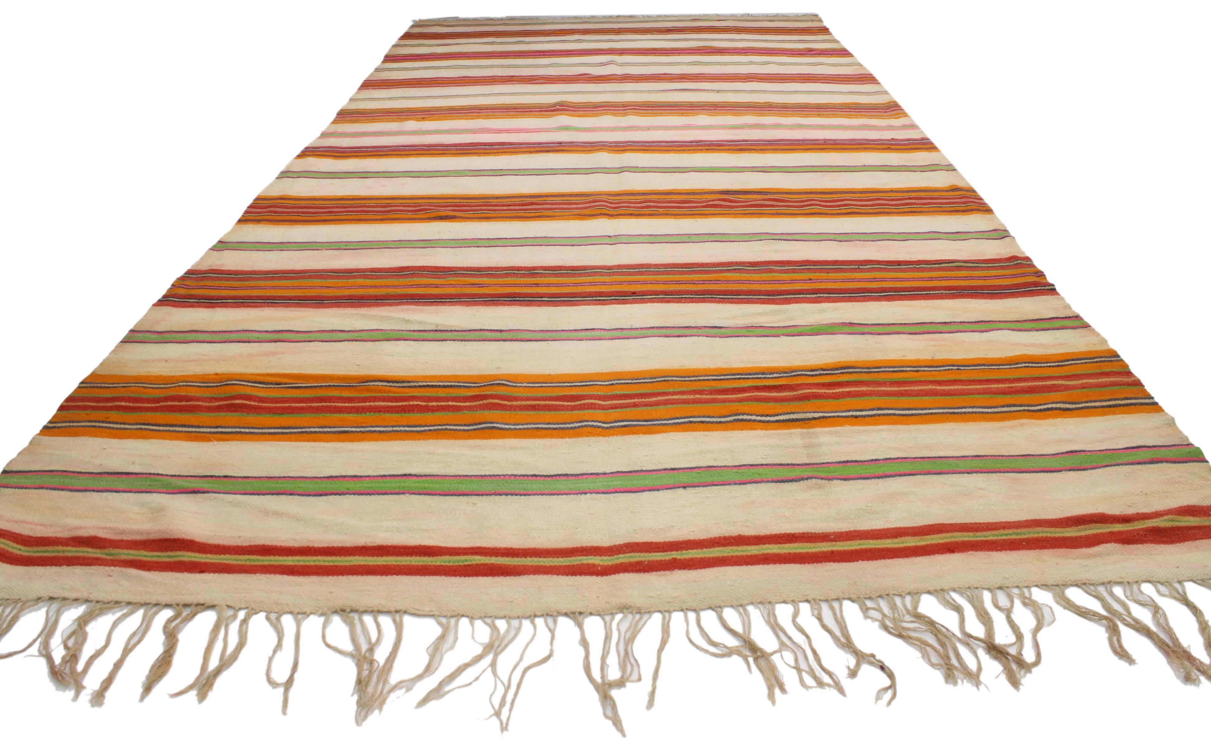 Wool Vintage Berber Moroccan Striped Kilim Rug with Tribal Boho Chic Style For Sale